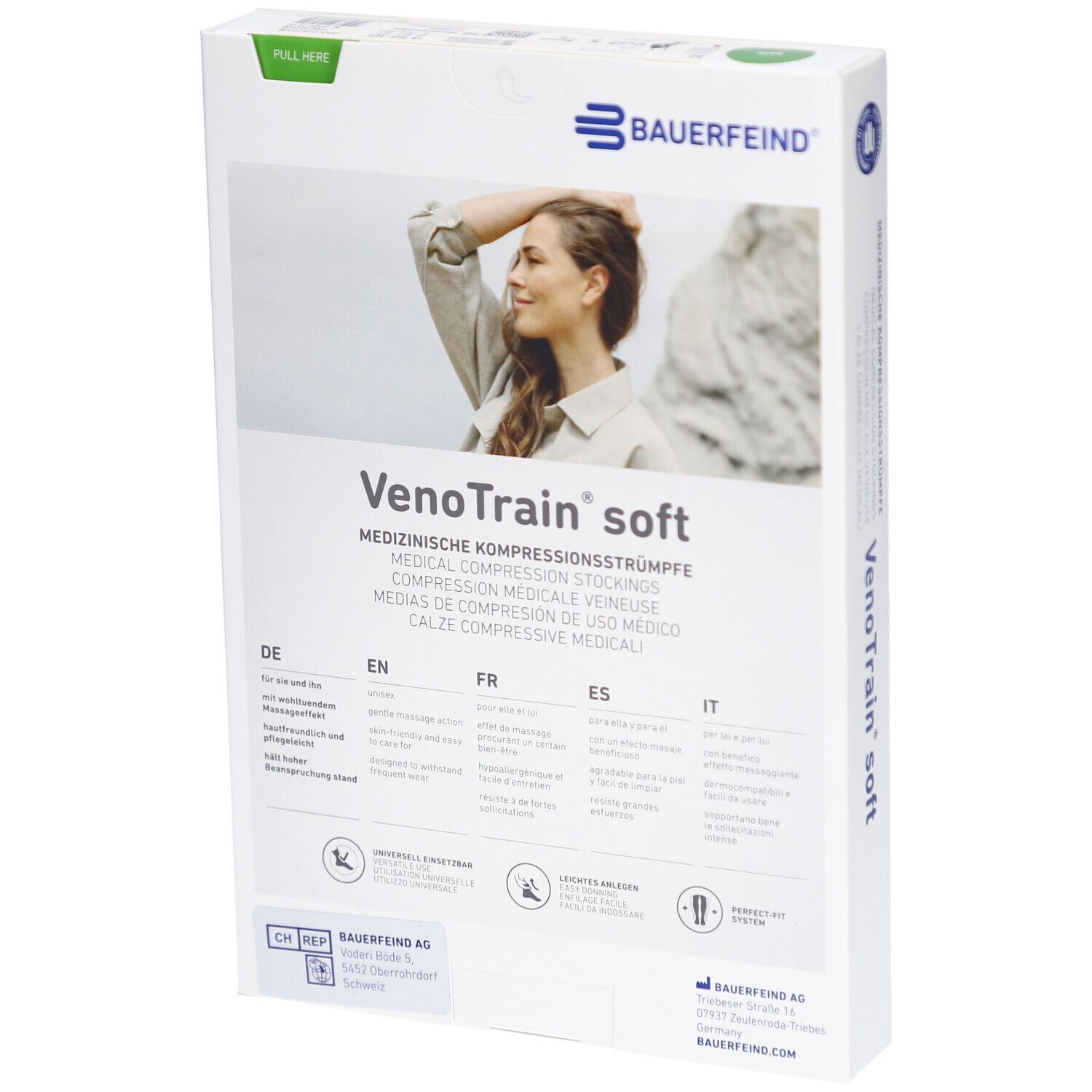 Rückseite der Verpackung von Kompressionsstrümpfen. Marke: Bauerfeind, Produktname: VenoTrain soft. Text in mehreren Sprachen.