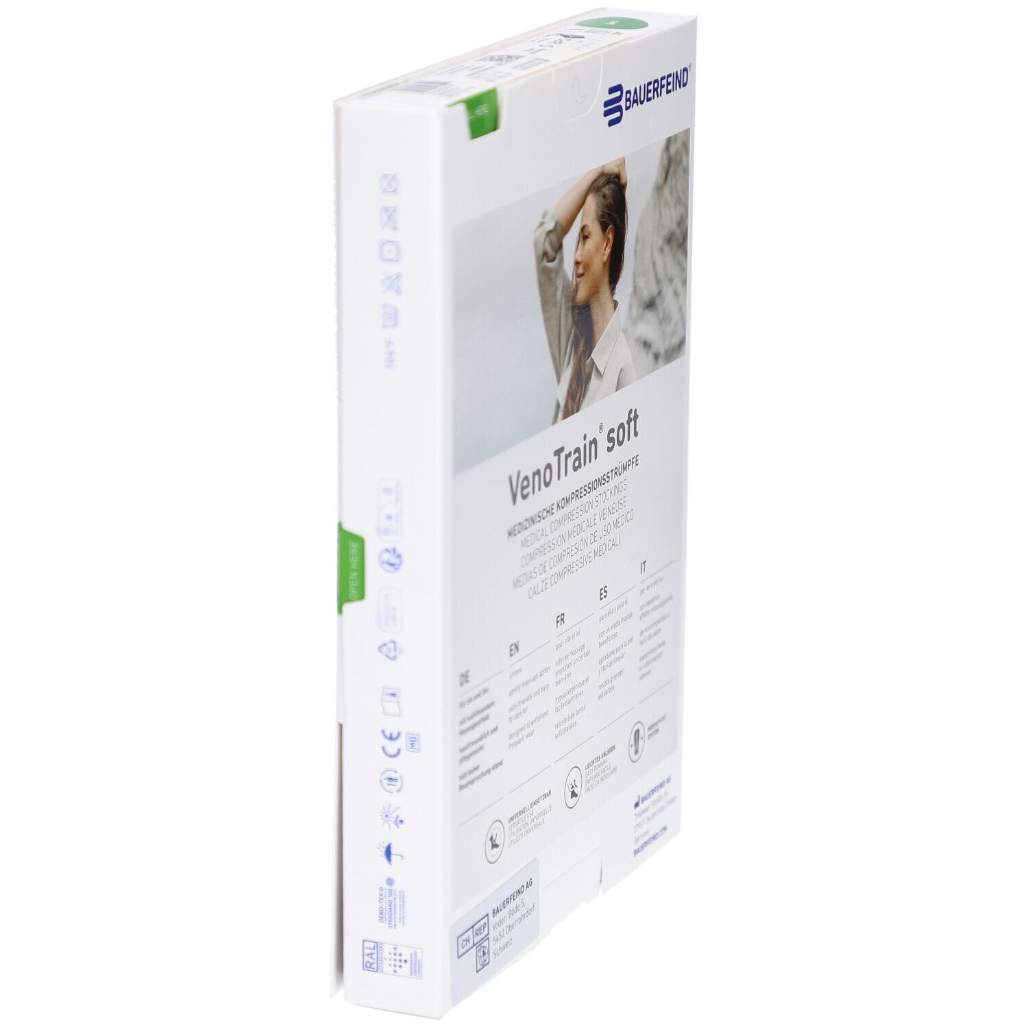 Verpackung von Kompressionsstrümpfen. Marke: Bauerfeind, Produktname: VenoTrain soft. Seitenansicht mit Produktinformationen.