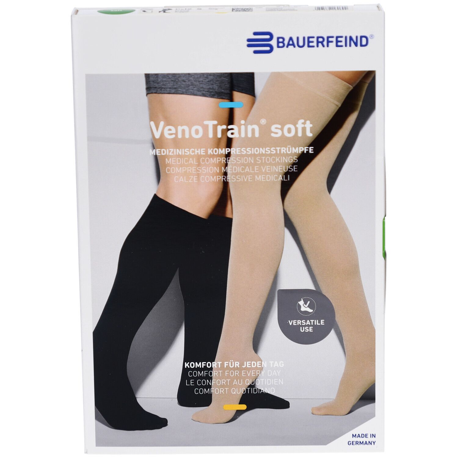 Verpackung mit Kompressionsstrümpfen. Abbildung zeigt zwei Beine, eines in Schwarz, eines in Beige. Marke: Bauerfeind, Produktname: VenoTrain soft.