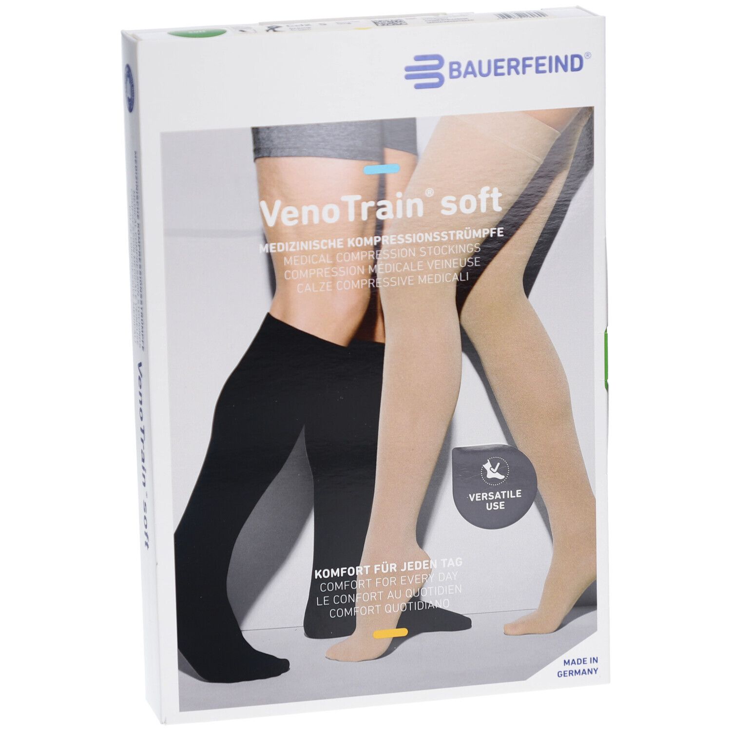 Verpackung mit Kompressionsstrümpfen. Abbildung zeigt zwei Beine, eines in Schwarz, eines in Beige. Marke: Bauerfeind, Produktname: VenoTrain soft.