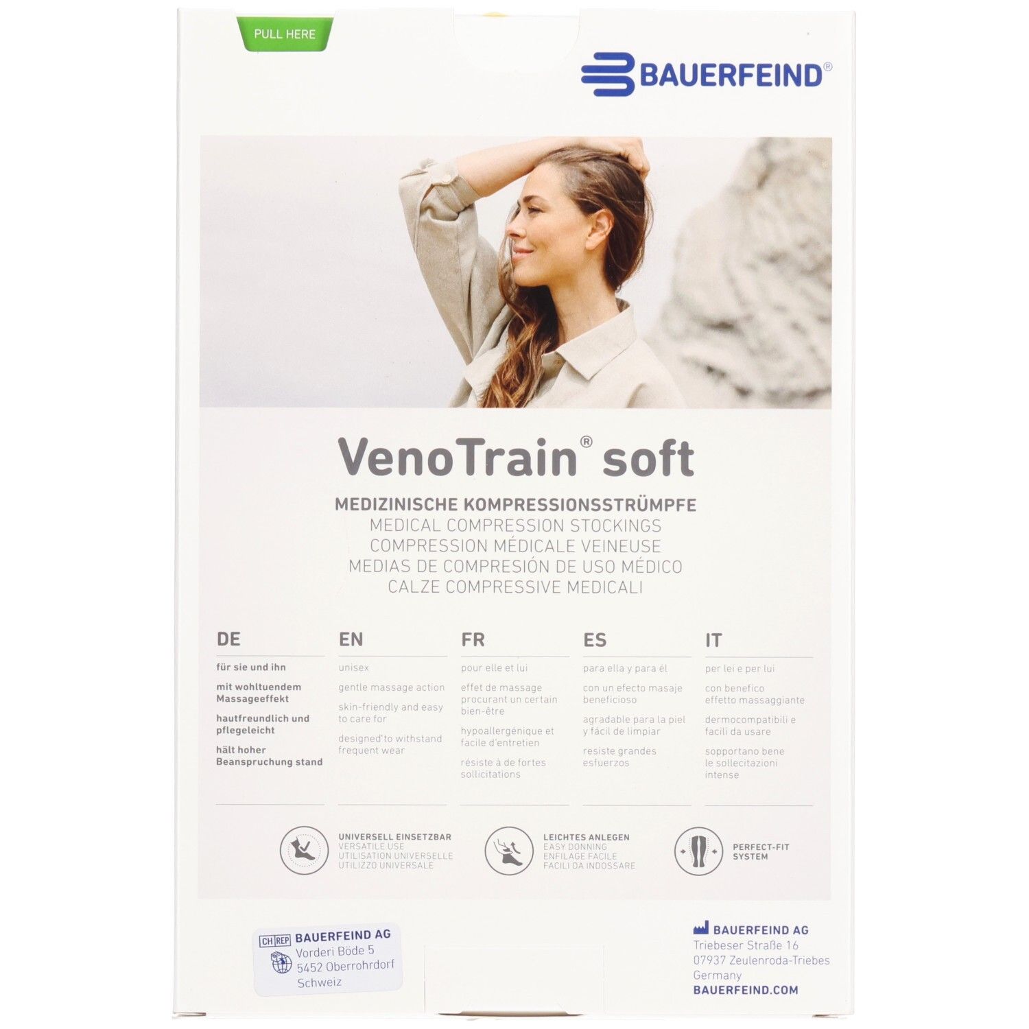Rückseite der Verpackung mit Kompressionsstrümpfen. Frau, Schriftzug: VenoTrain soft. Mehrsprachige Produktinformationen.