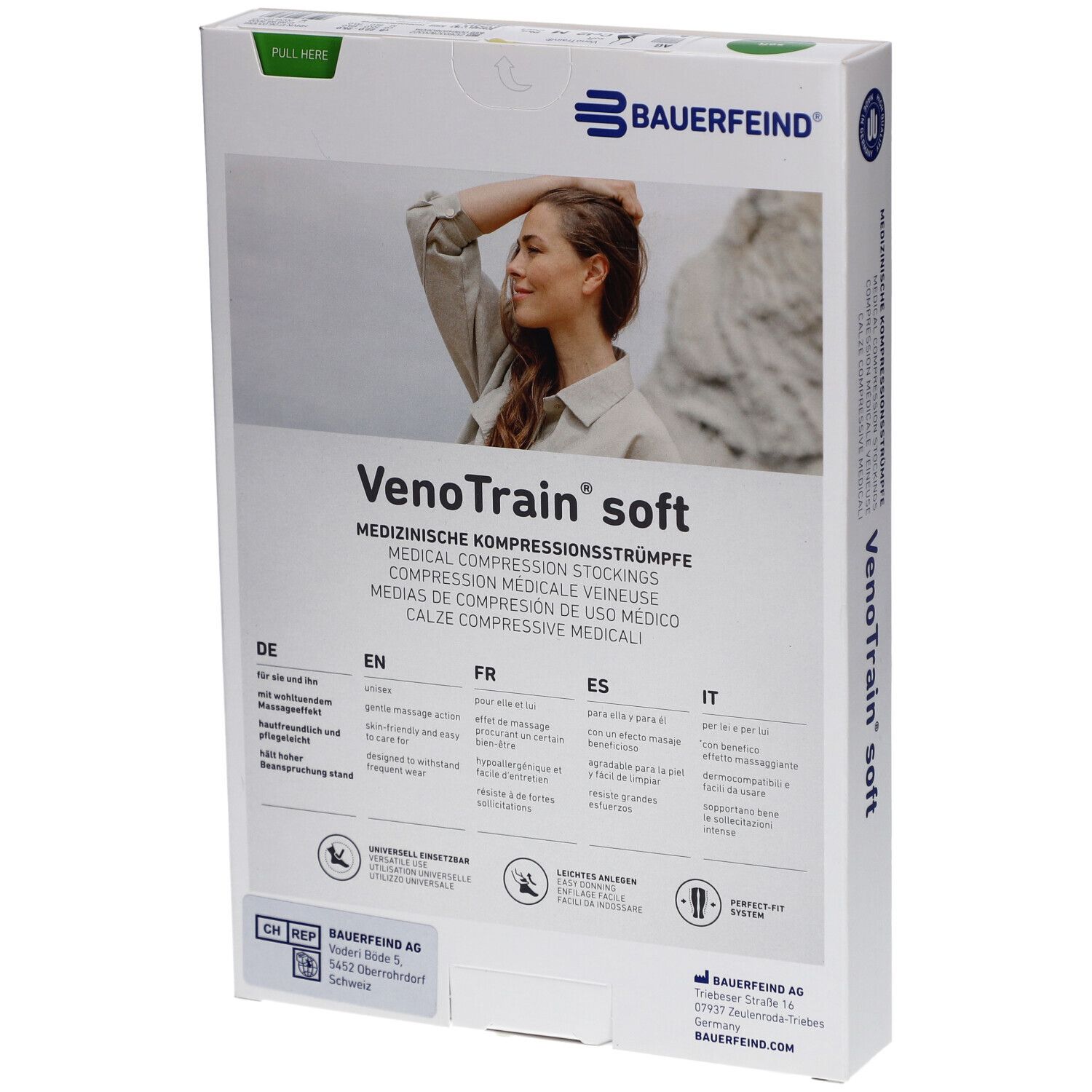 Rückseite der Verpackung. VenoTrain soft, creme. Bauerfeind Logo. Informationen in mehreren Sprachen.