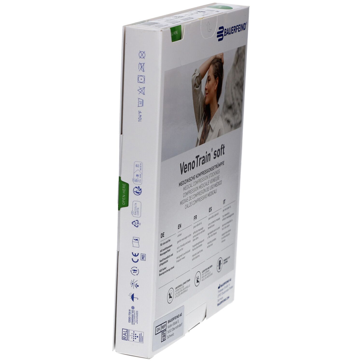 Schrägansicht der Verpackung. VenoTrain soft, creme. Bauerfeind Logo. Informationen und Symbole.