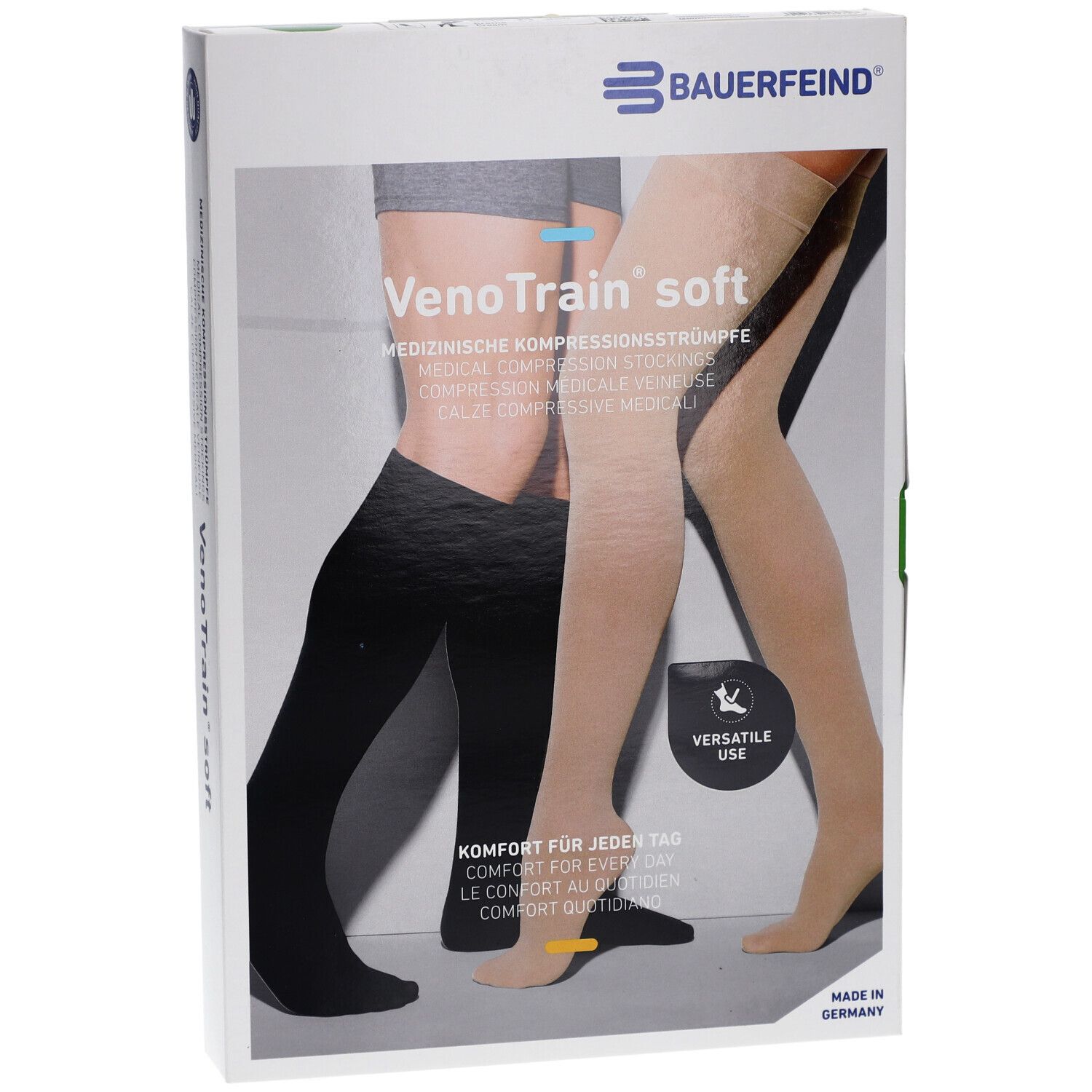 Verpackung mit Kompressionsstrümpfen. VenoTrain soft, creme. Bauerfeind Logo. Abbildung von Strümpfen in Schwarz und Creme.