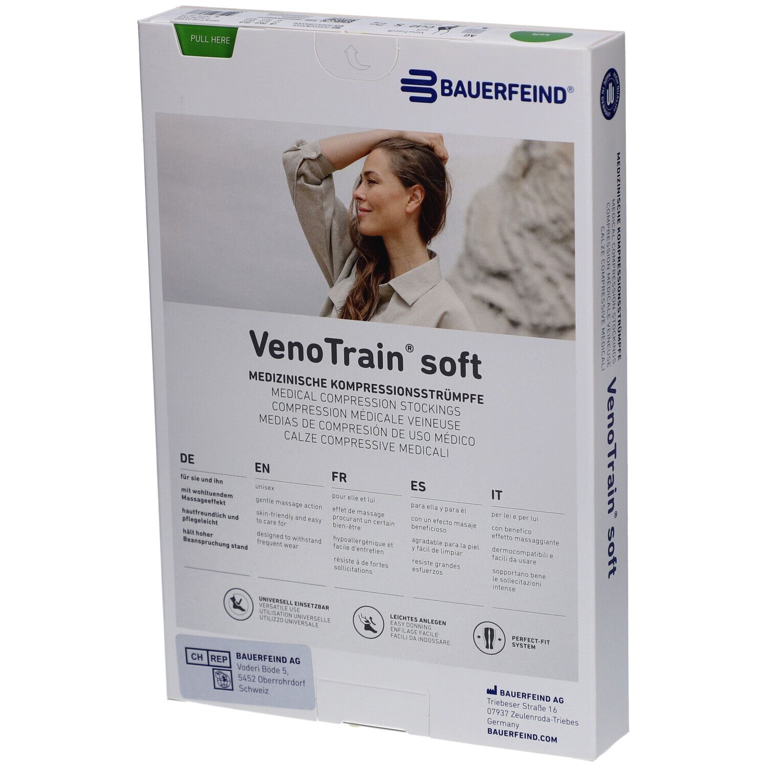 Dos de la boîte de bas de compression. Inscription : VenoTrain soft, bas de compression médicale. Logo Bauerfeind.