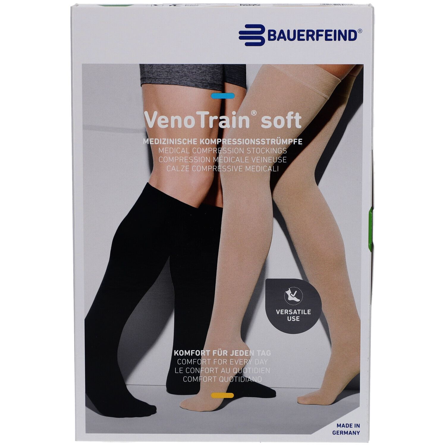 Boîte de bas de compression. Inscription : VenoTrain soft, bas de compression médicale. Bas noirs et crème représentés.