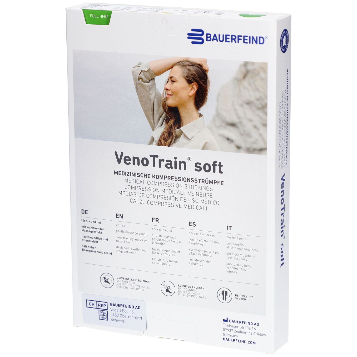 Rückseite der Verpackung von Kompressionsstrümpfen. Marke Bauerfeind, VenoTrain soft. Medizinische Kompressionsstrümpfe.