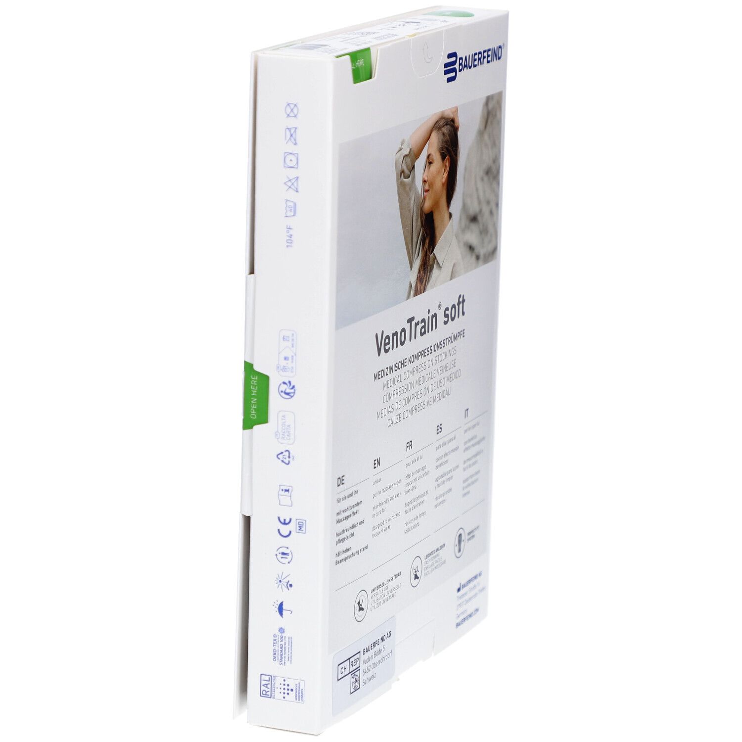 Seitenansicht der Verpackung von Kompressionsstrümpfen. Marke Bauerfeind, VenoTrain soft. Medizinische Kompressionsstrümpfe.