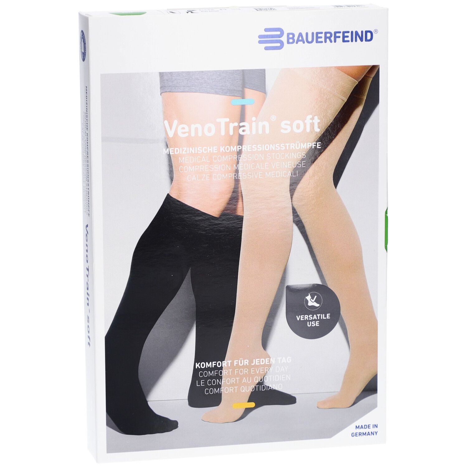 Verpackung mit Kompressionsstrümpfen. Marke Bauerfeind, VenoTrain soft. Medizinische Kompressionsstrümpfe. Karamellfarben.