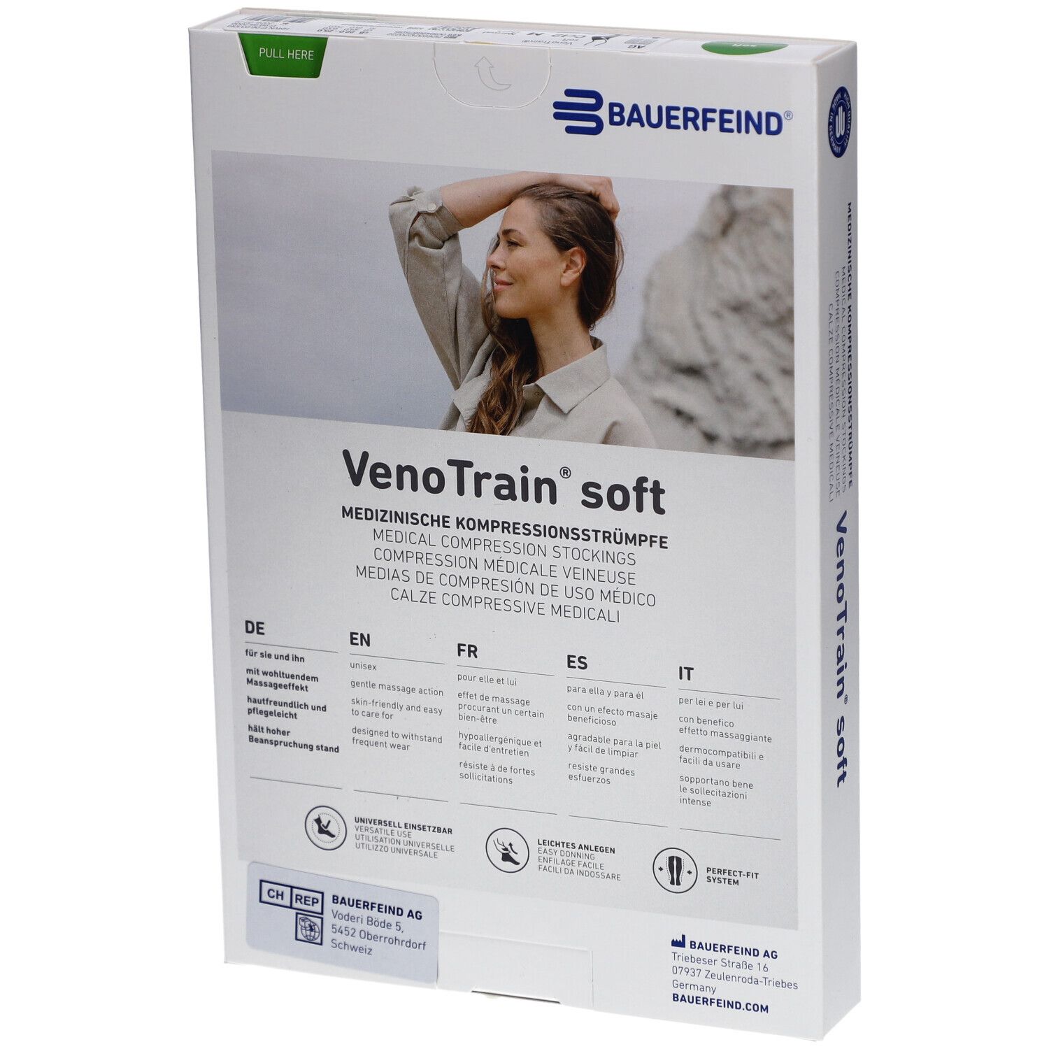 Rückseite der Verpackung mit Produktinformationen. VenoTrain soft. Bauerfeind Logo.