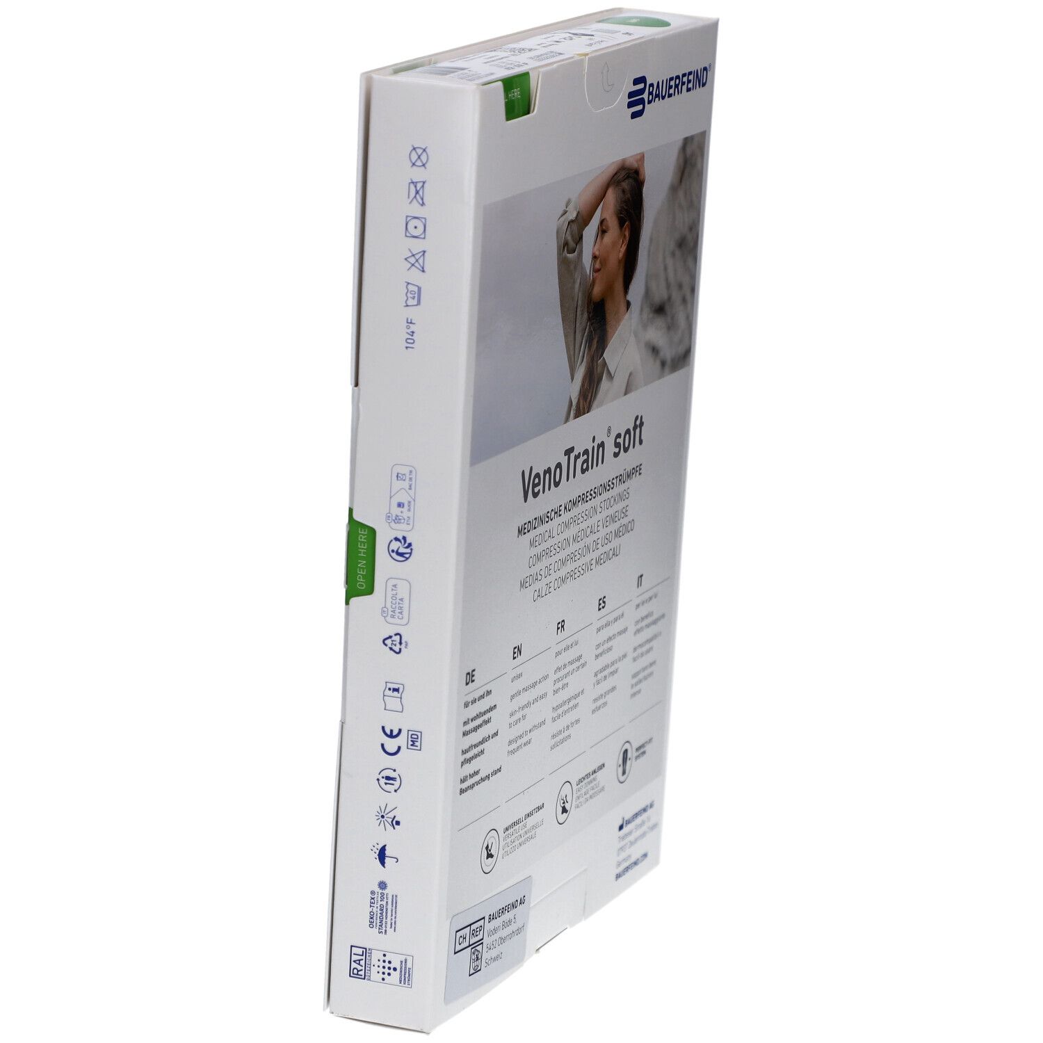 Seitenansicht der Verpackung. VenoTrain soft. Bauerfeind Logo. Piktogramme.