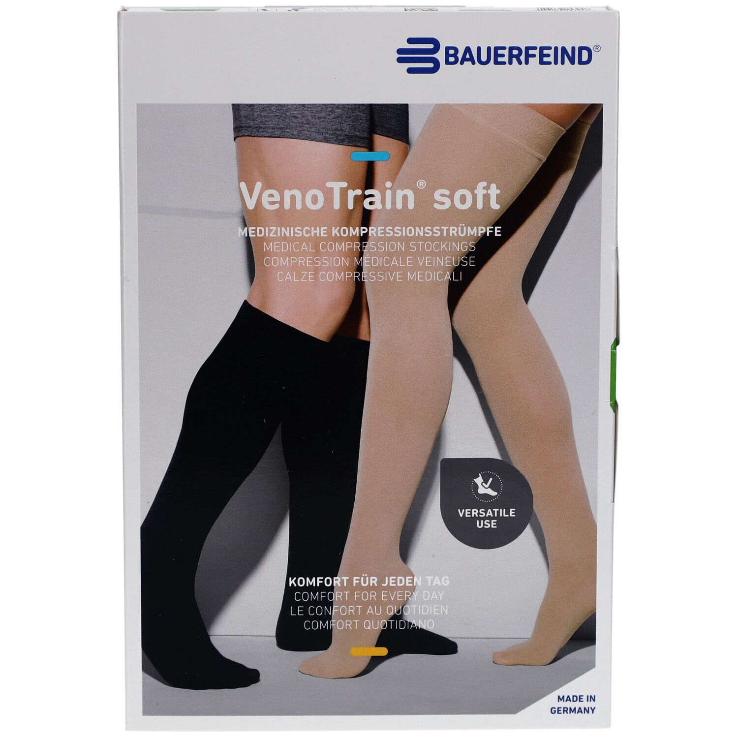 Verpackung mit Kompressionsstrümpfen. VenoTrain soft, beige und schwarz. Bauerfeind Logo.