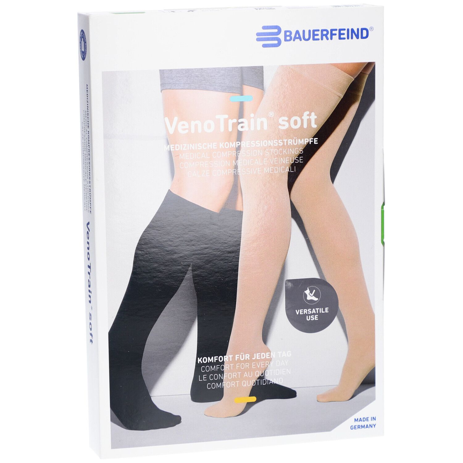 Verpackung mit Kompressionsstrümpfen. VenoTrain soft, beige und schwarz. Bauerfeind Logo.
