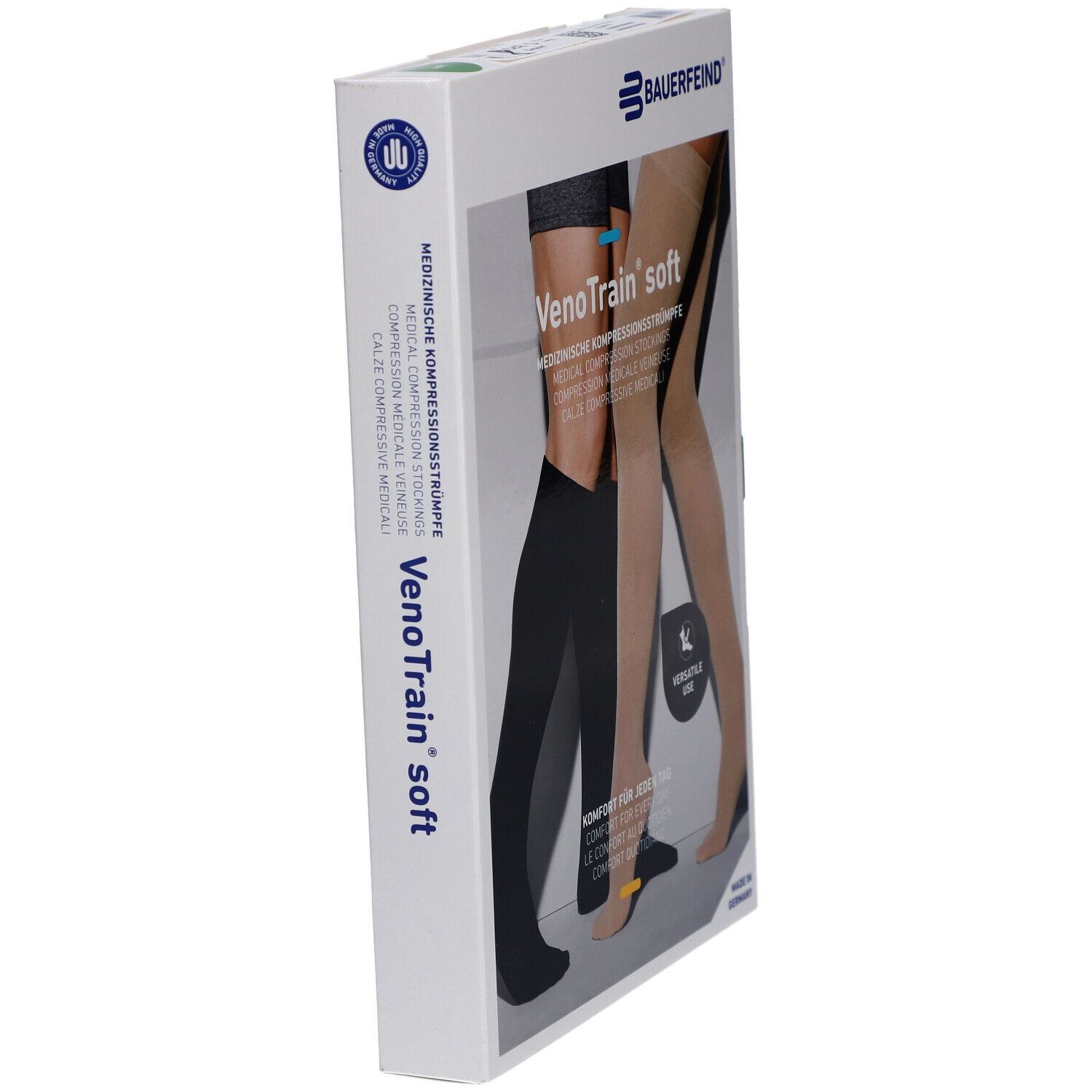 Boîte de bas de compression en biais. Marque : BAUERFEIND. Inscription : VenoTrain soft. Bas représentés.