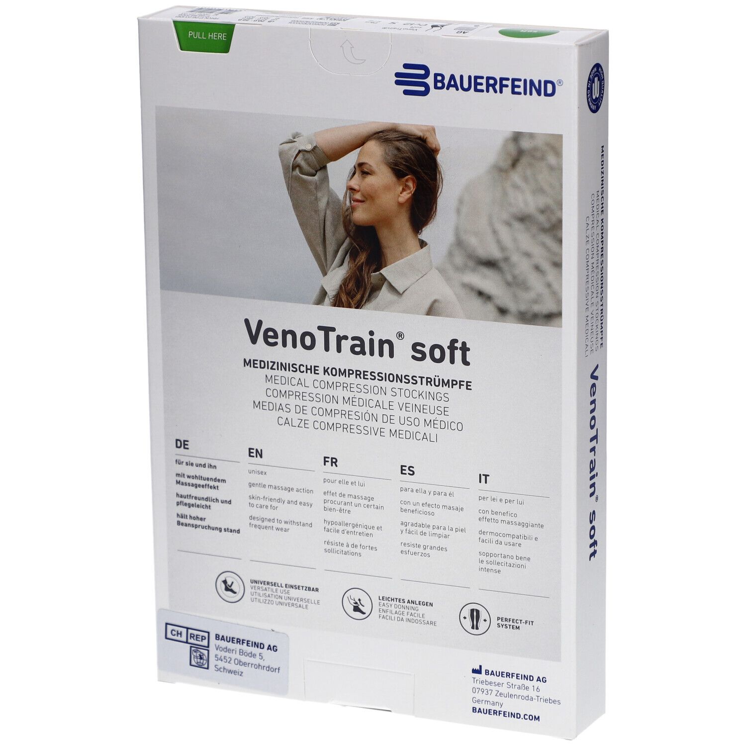Dos de la boîte de bas de compression. Marque : BAUERFEIND. Inscription : VenoTrain soft. Texte en allemand, anglais, français et italien.