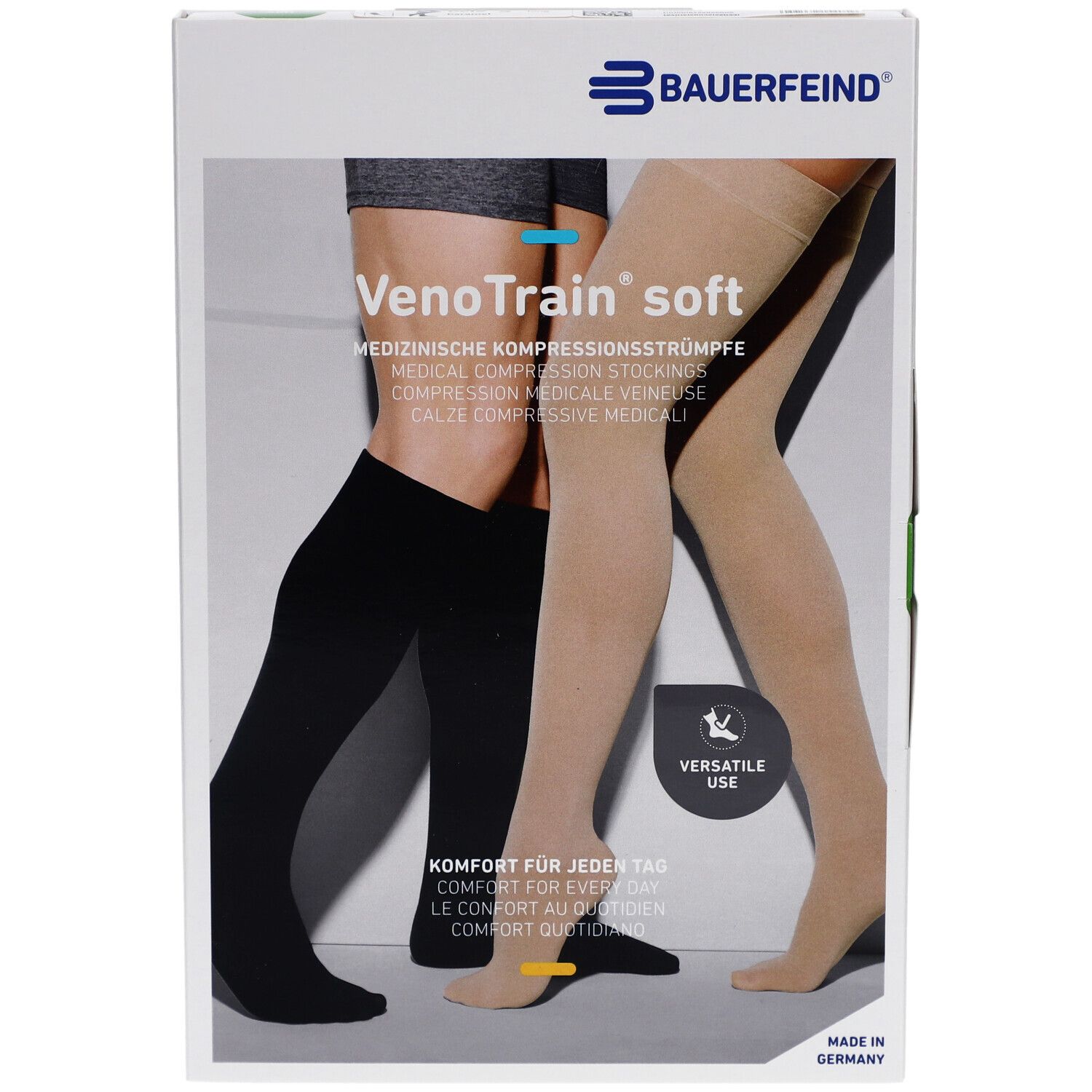 Boîte de bas de compression. Marque : BAUERFEIND. Inscription : VenoTrain soft. Bas noirs et beiges représentés.