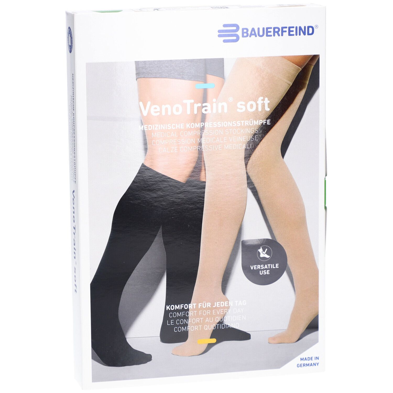 Boîte de bas de compression. Marque : BAUERFEIND. Inscription : VenoTrain soft. Bas noirs et beiges représentés.