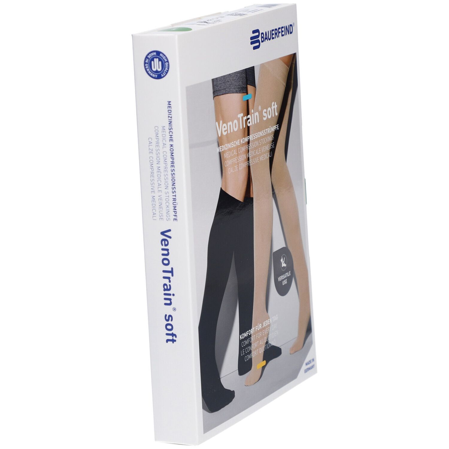 Verpackung mit Kompressionsstrümpfen. Marke: Bauerfeind. VenoTrain soft. Medizinische Kompressionsstrümpfe. Seitenansicht der Verpackung.