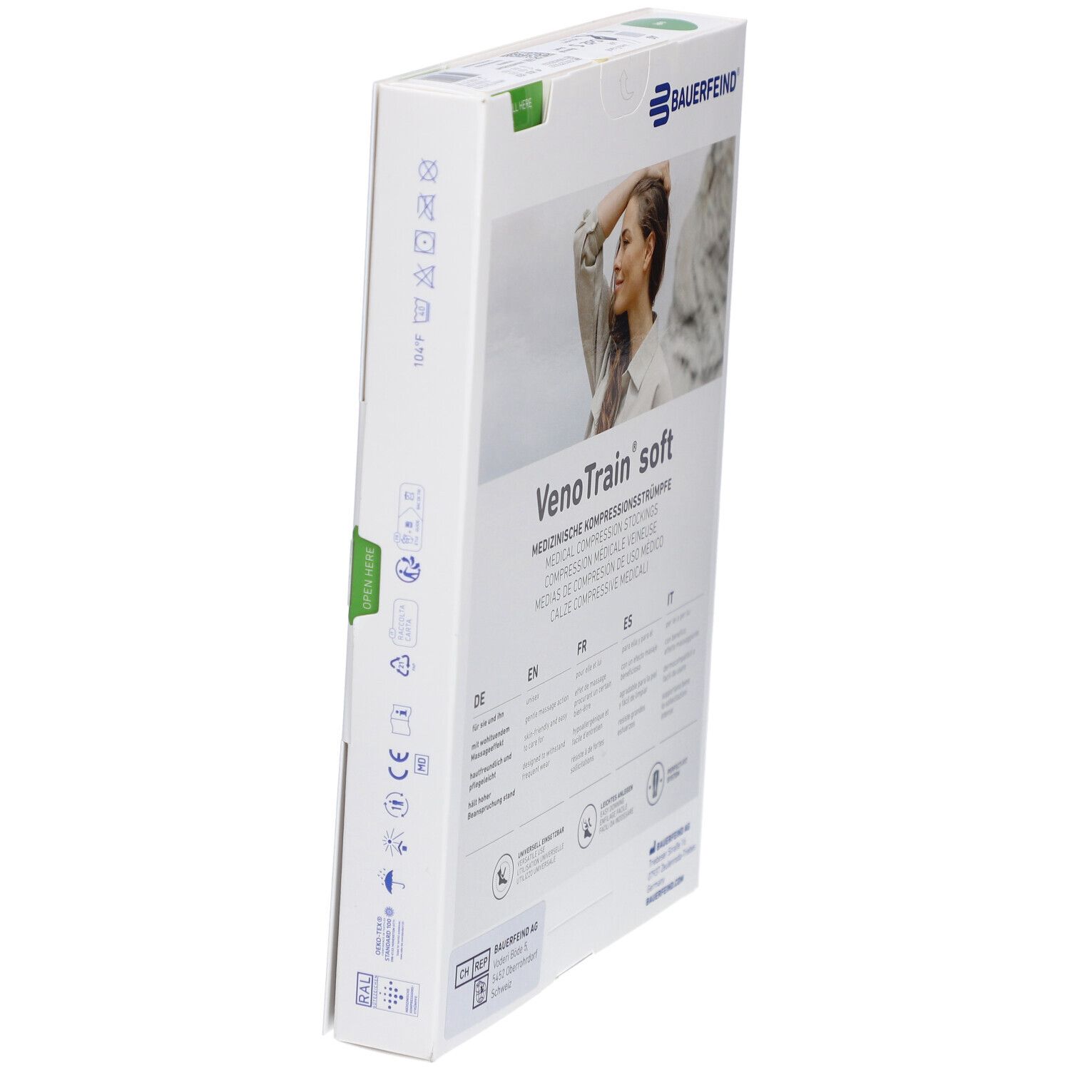 Seitenansicht der Verpackung mit Kompressionsstrümpfen. Marke: Bauerfeind. VenoTrain soft. Medizinische Kompressionsstrümpfe. Text und Logos.