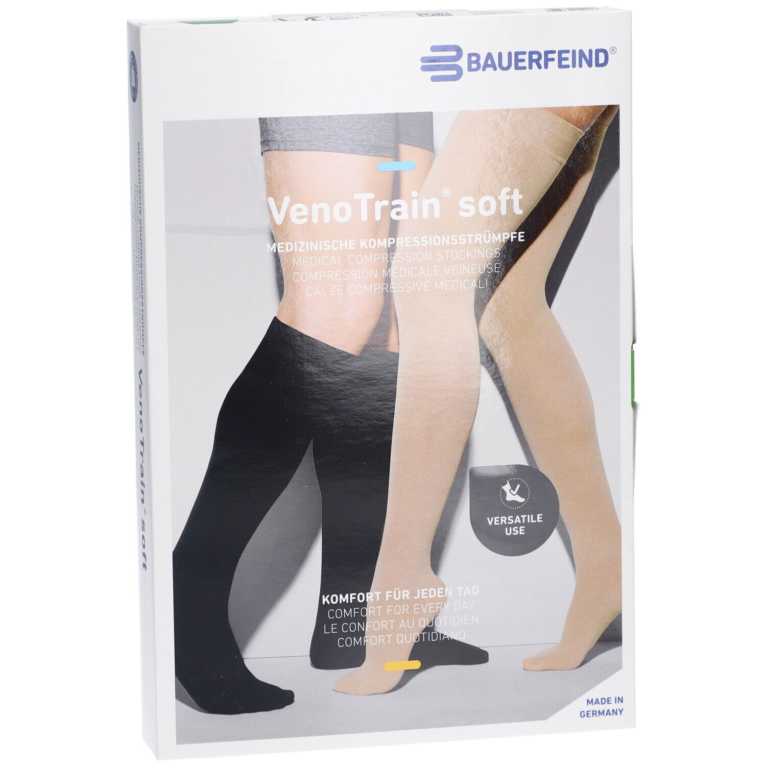 Verpackung mit Kompressionsstrümpfen. Marke: Bauerfeind. VenoTrain soft. Medizinische Kompressionsstrümpfe. Abbildung von Strümpfen in Schwarz und Beige.