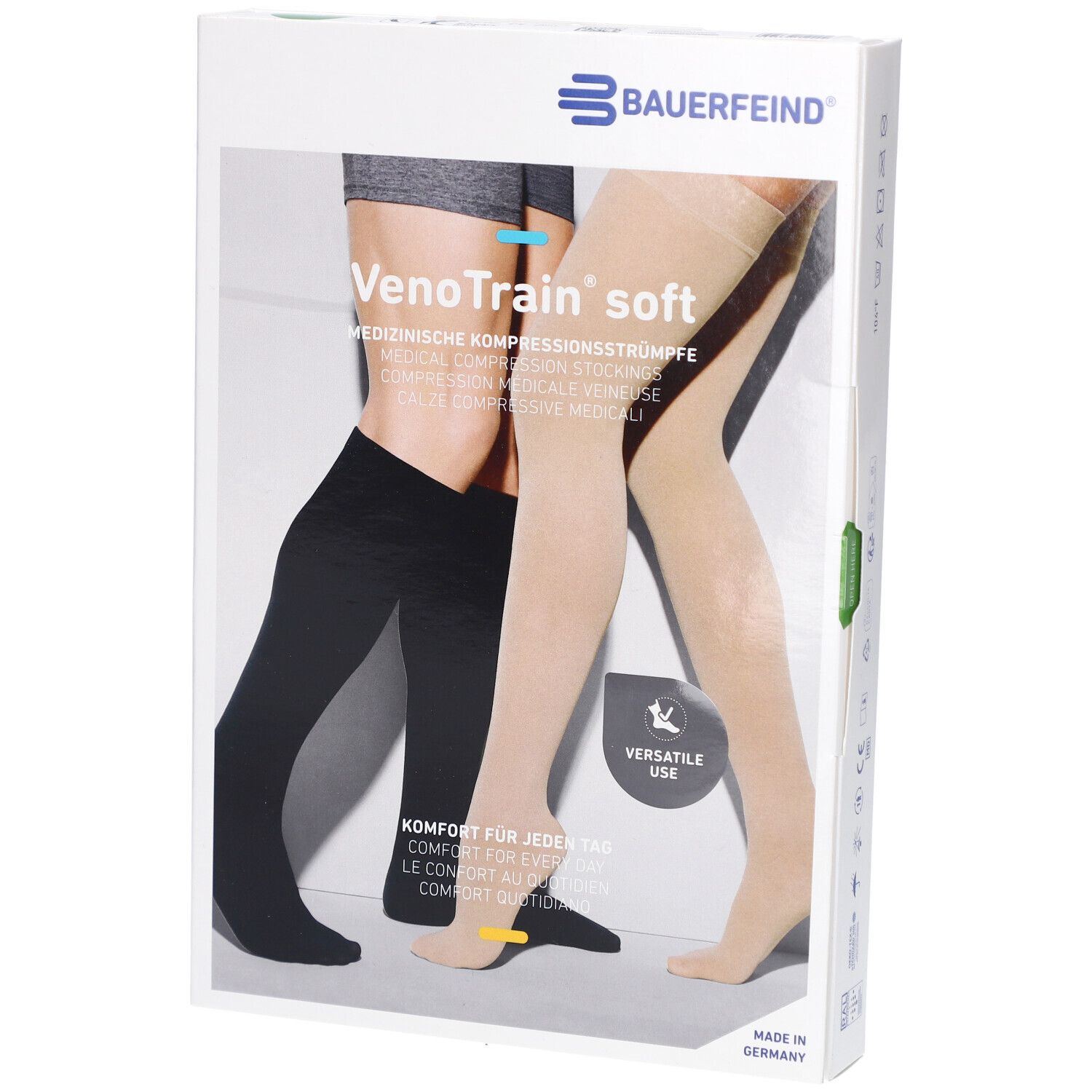 Boîte de bas de compression VenoTrain soft. Bas médicaux. Bas noirs et beiges représentés.