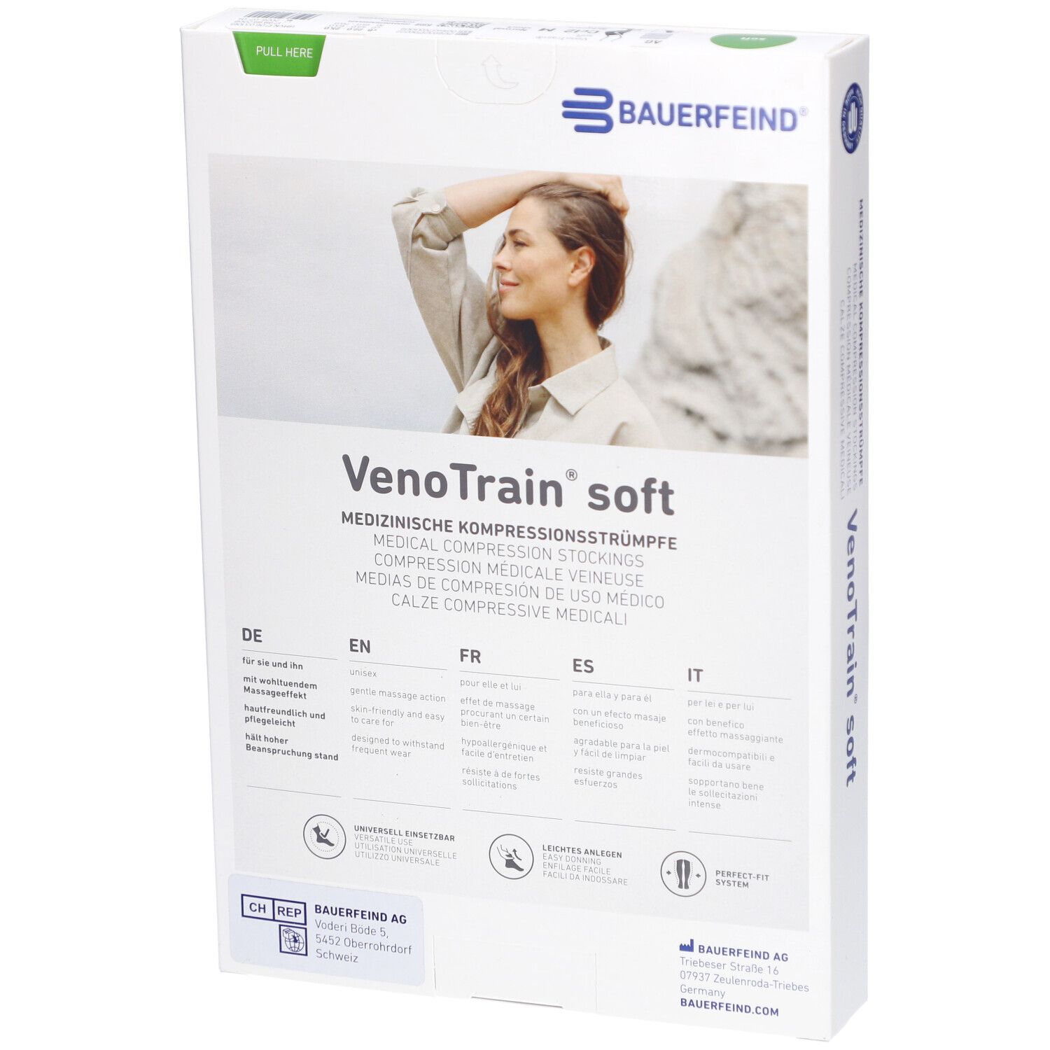 Dos de la boîte de bas de compression VenoTrain soft. Informations produit en plusieurs langues.