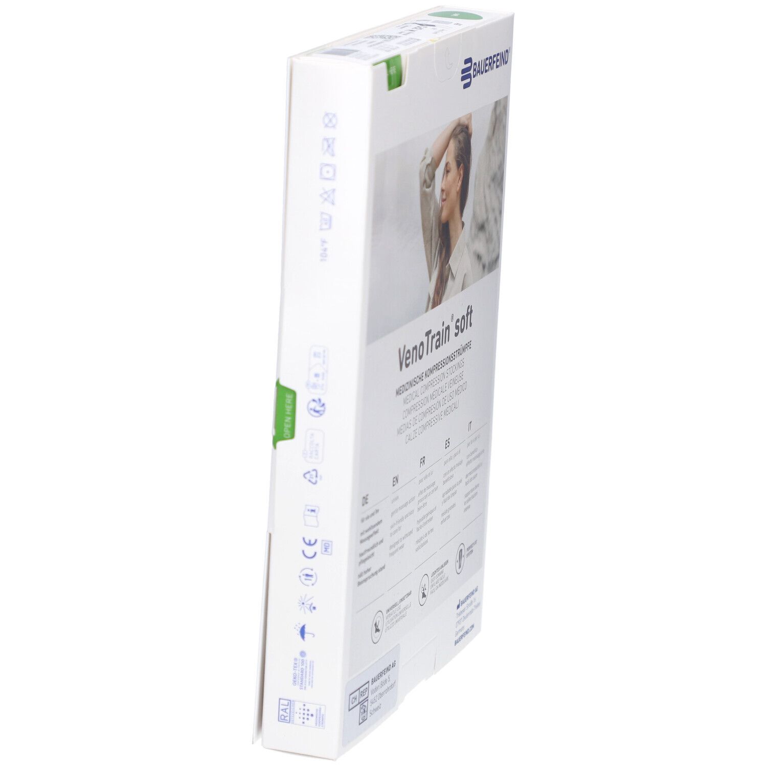 Boîte de bas de compression VenoTrain soft. Bas médicaux. Vue latérale avec symboles.