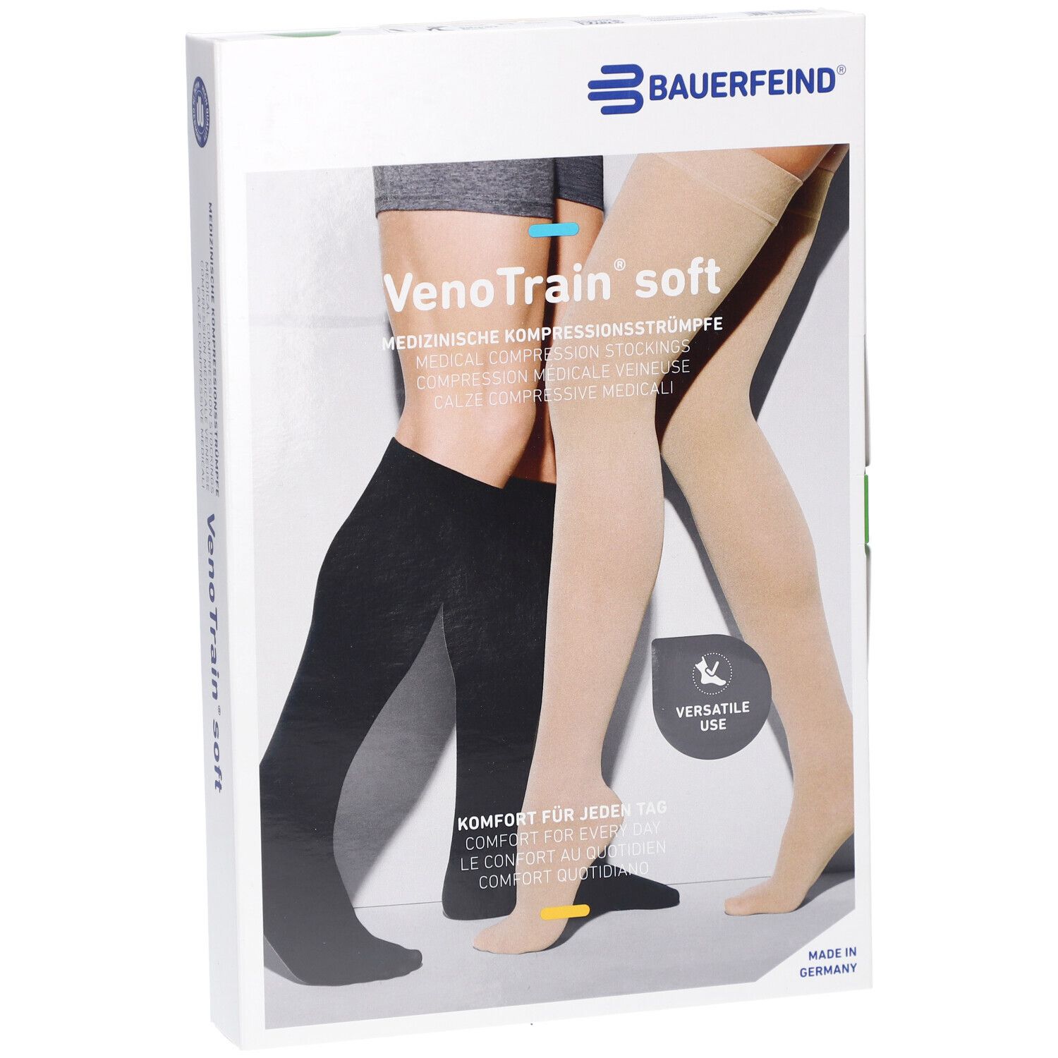 Boîte de bas de compression VenoTrain soft. Bas médicaux. Bas noirs et beiges représentés.