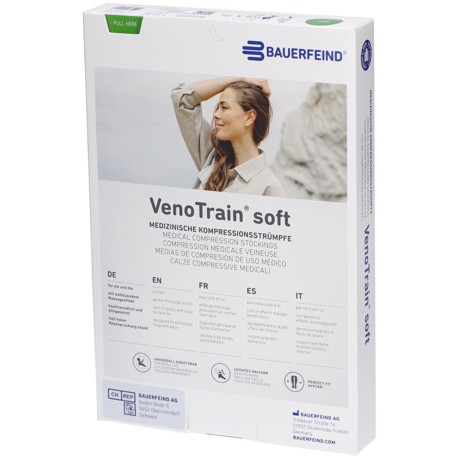 Rückseite der Verpackung. Marke: Bauerfeind VenoTrain soft. Text in Deutsch, Englisch, Französisch, Spanisch und Italienisch.