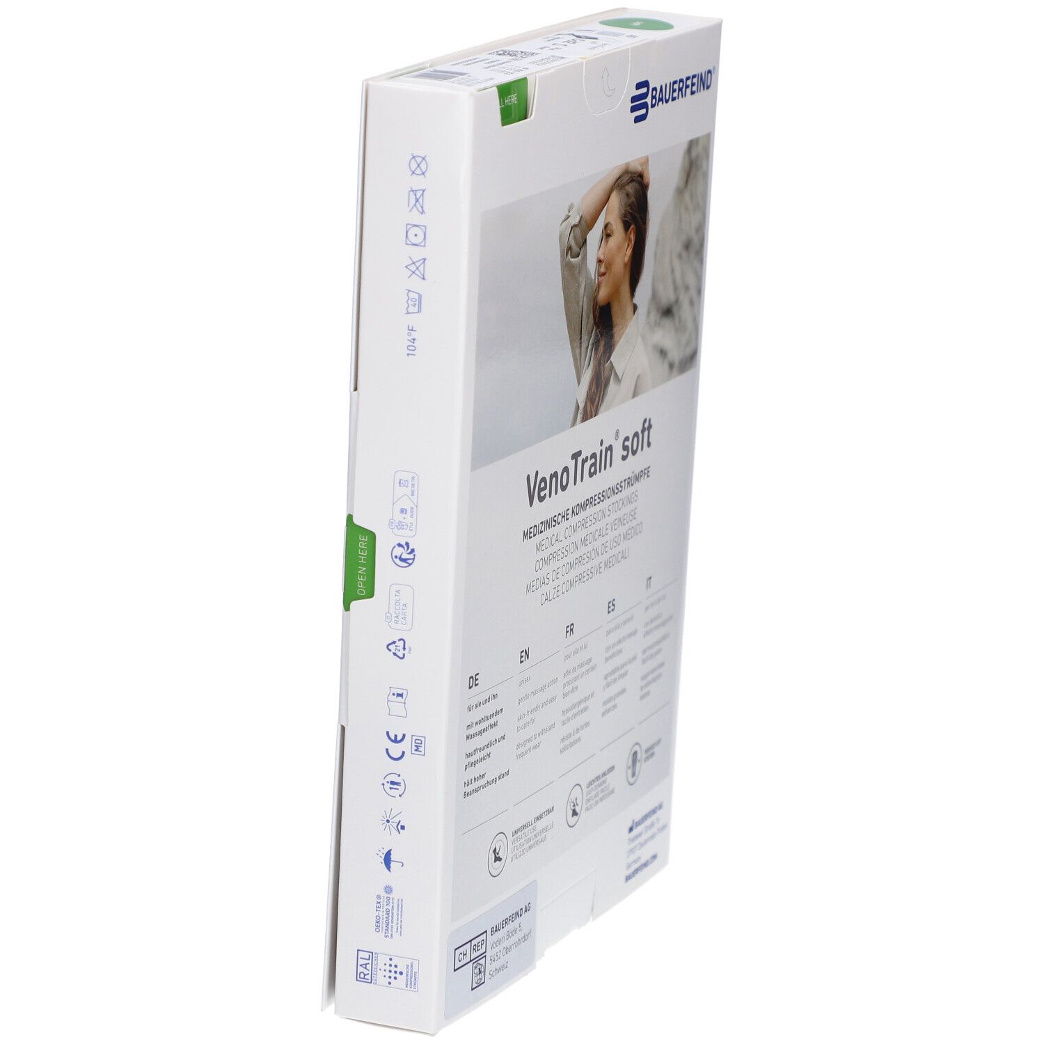 Seitenansicht der Verpackung. Marke: Bauerfeind VenoTrain soft. Mit Pflegehinweisen und Öffnungsanleitung.