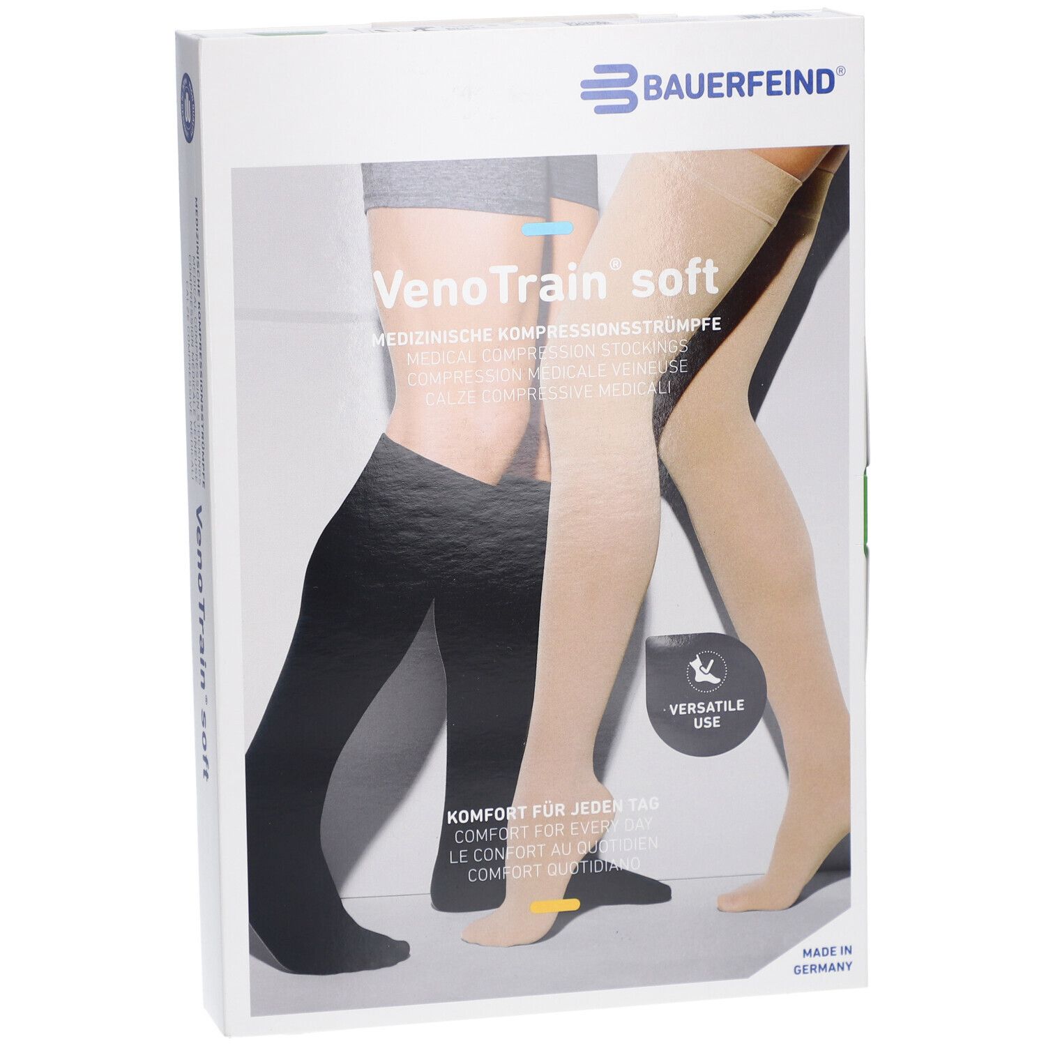 Verpackung mit Kompressionsstrümpfen. Marke: Bauerfeind. VenoTrain soft. Abbildung von Strümpfen in Schwarz und Beige.