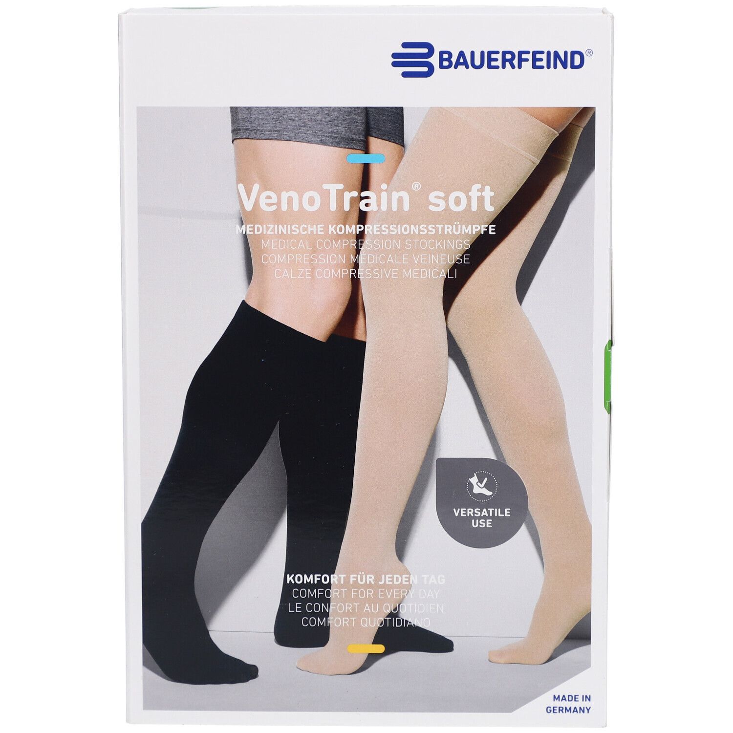 Verpackung mit Kompressionsstrümpfen. Aufdruck: VenoTrain soft, medizinische Kompressionsstrümpfe. Abbildung: Strümpfe in Schwarz und Beige.