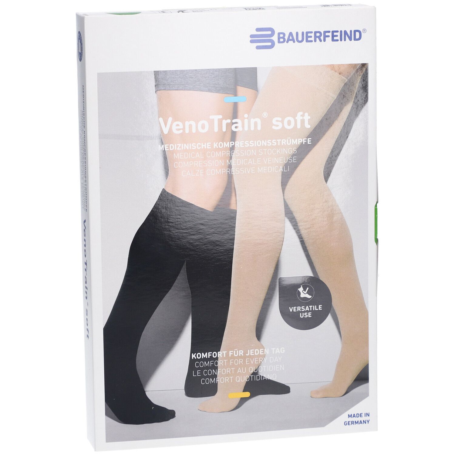 BAUERFEIND VenoTrain Soft Strumpf schwarz - Medizinische Kompressionsstrümpfe - AG CCL2 Größe M normal/kurz offener Fuß mit Mikropunkten
