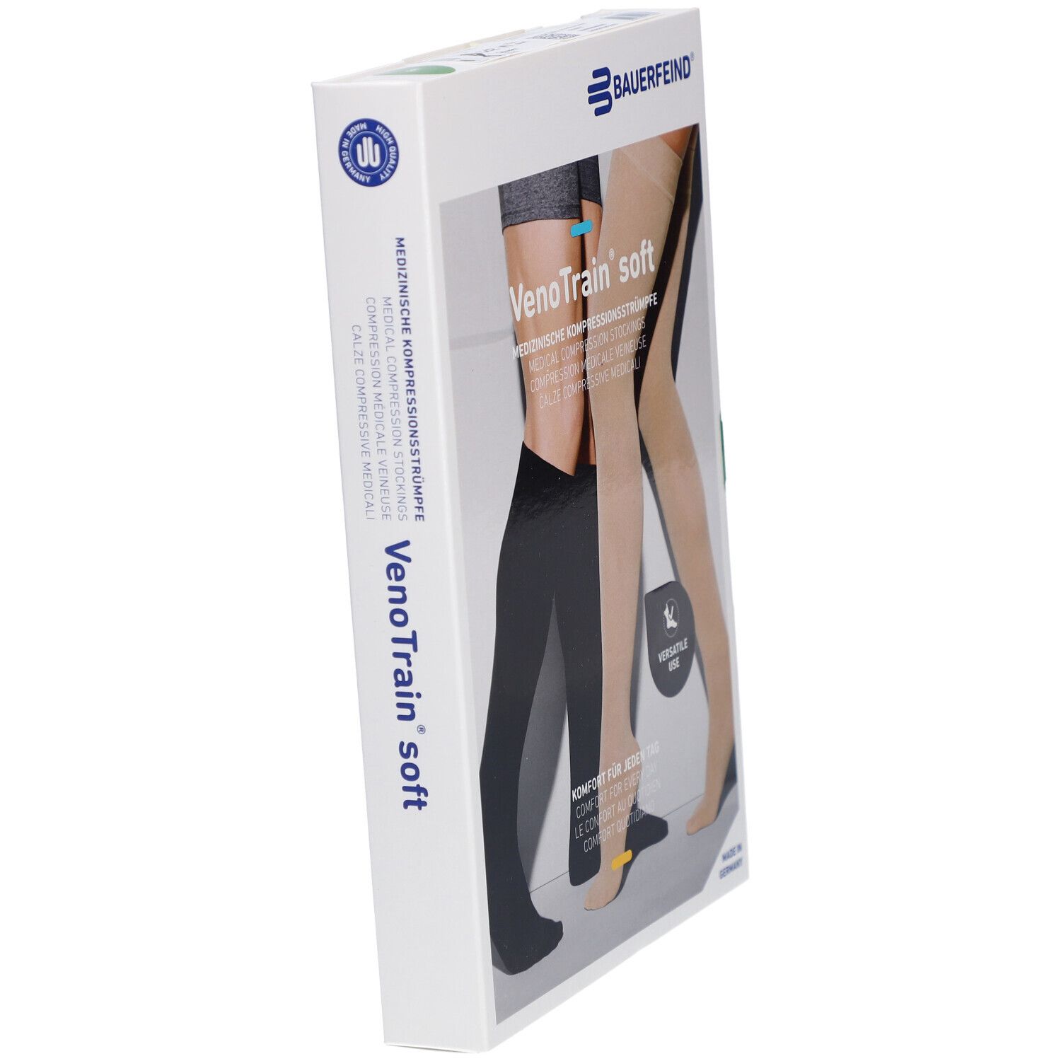 Schräg stehende Verpackung. Marke Bauerfeind, VenoTrain soft. Abgebildet sind schwarze und beige Kompressionsstrümpfe.
