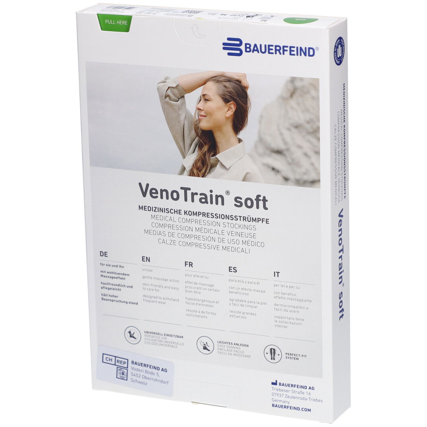 Rückseite der Verpackung. Marke Bauerfeind, VenoTrain soft. Text in Deutsch, Englisch, Französisch, Spanisch und Italienisch.