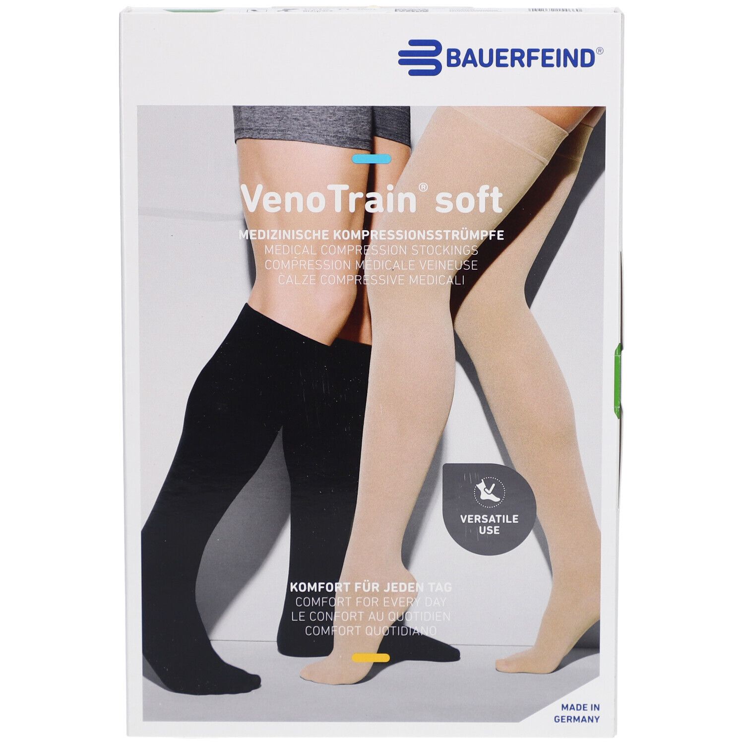 Verpackung mit Kompressionsstrümpfen. Marke Bauerfeind, VenoTrain soft. Abgebildet sind schwarze und beige Strümpfe.