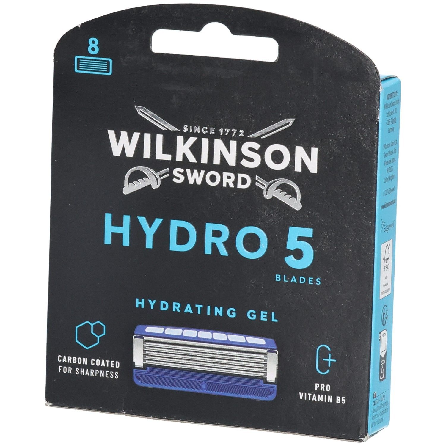 Verpackung Wilkinson Sword Hydro 5 Klingen, 8 Stück. Mit Hydrating Gel und Pro Vitamin B5.