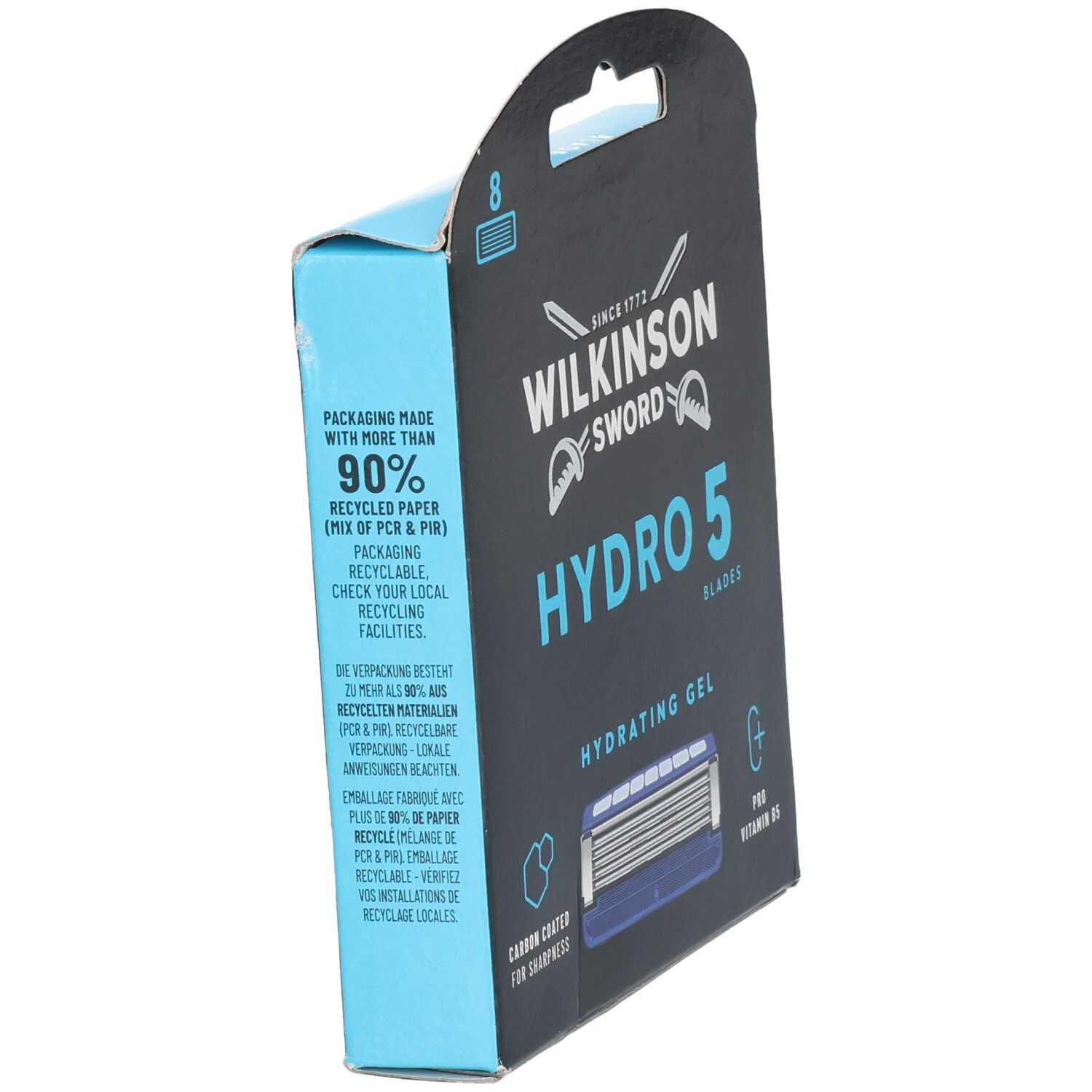 Verpackung Wilkinson Sword Hydro 5 Klingen, 8 Stück. Seite mit Recycling-Informationen.