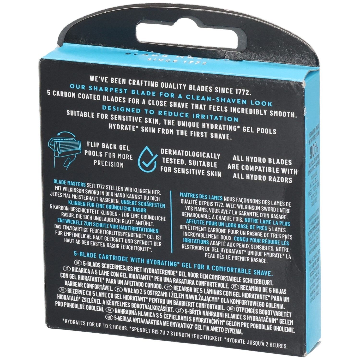 Rückseite der Verpackung Wilkinson Sword Hydro 5 Klingen. Beschreibt 5 Carbon-beschichtete Klingen.