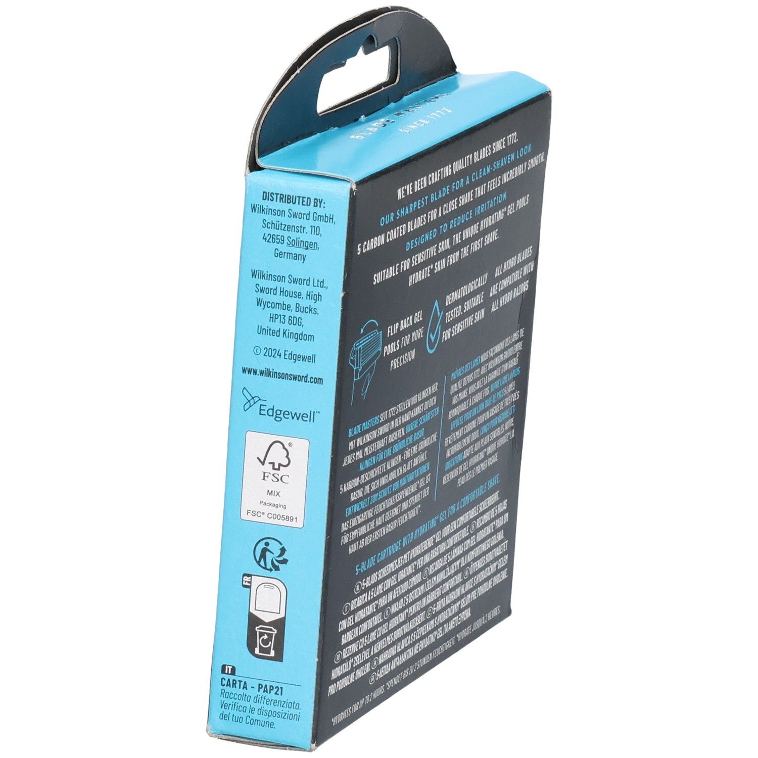 Seite der Verpackung Wilkinson Sword Hydro 5 Klingen. Mit FSC-Zertifizierung und Herstellerinformationen.
