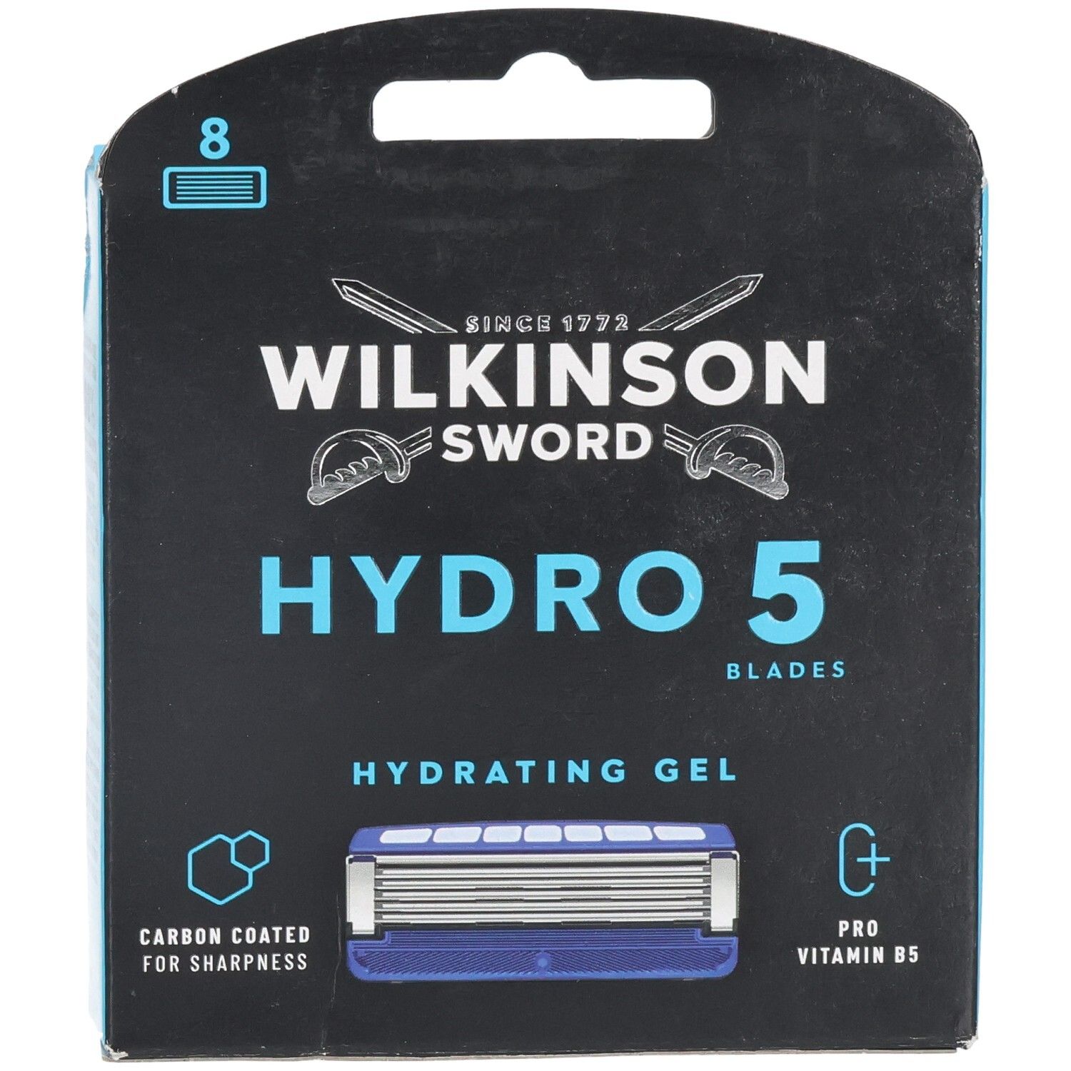 Verpackung Wilkinson Sword Hydro 5 Klingen, 8 Stück. Mit Hydrating Gel und Pro Vitamin B5.