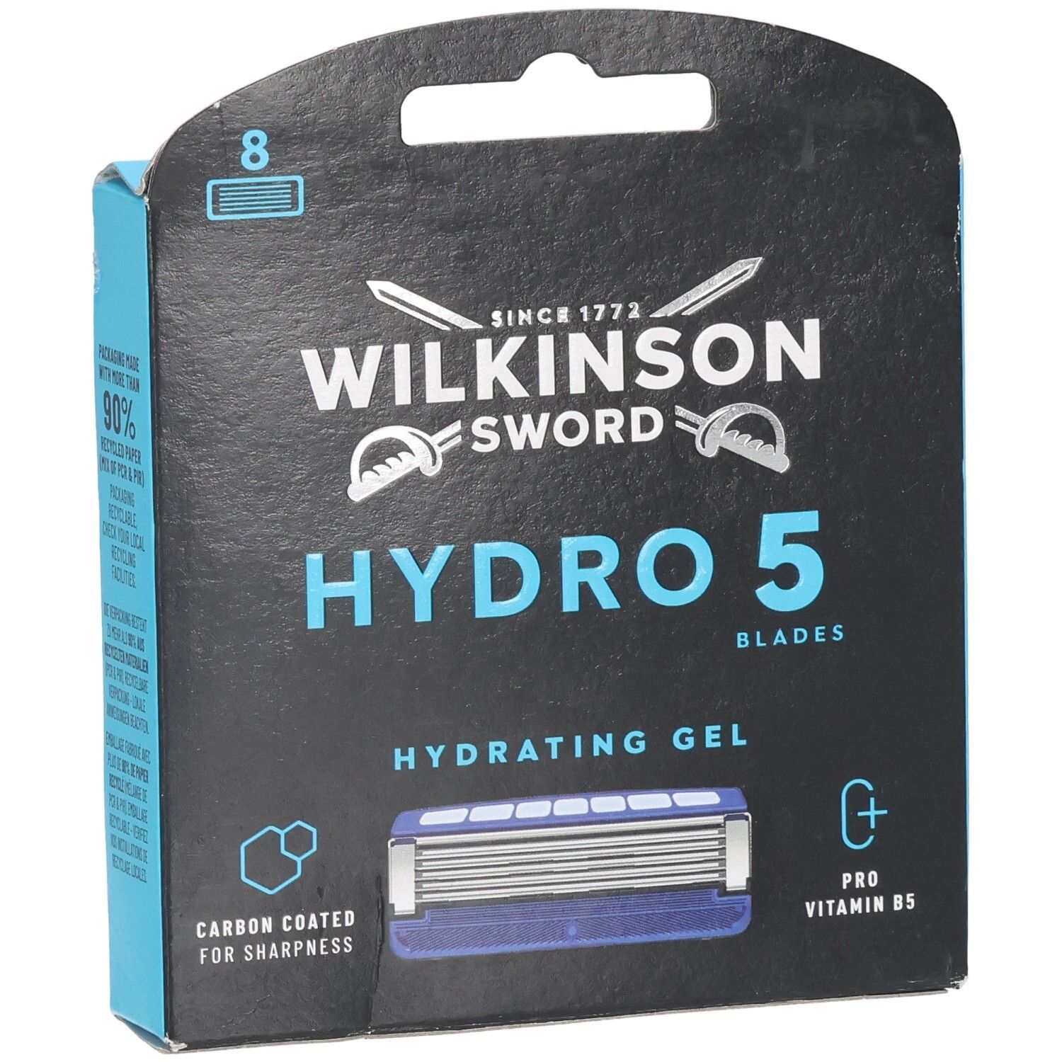Verpackung Wilkinson Sword Hydro 5 Klingen, 8 Stück. Mit Hydrating Gel und Pro Vitamin B5.