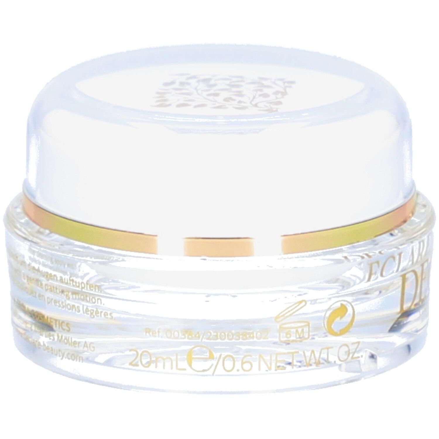 Pot transparent avec couvercle blanc et anneau doré. Inscription DECLARE. 20ml/0.6 NET WT. Produit pour les yeux.