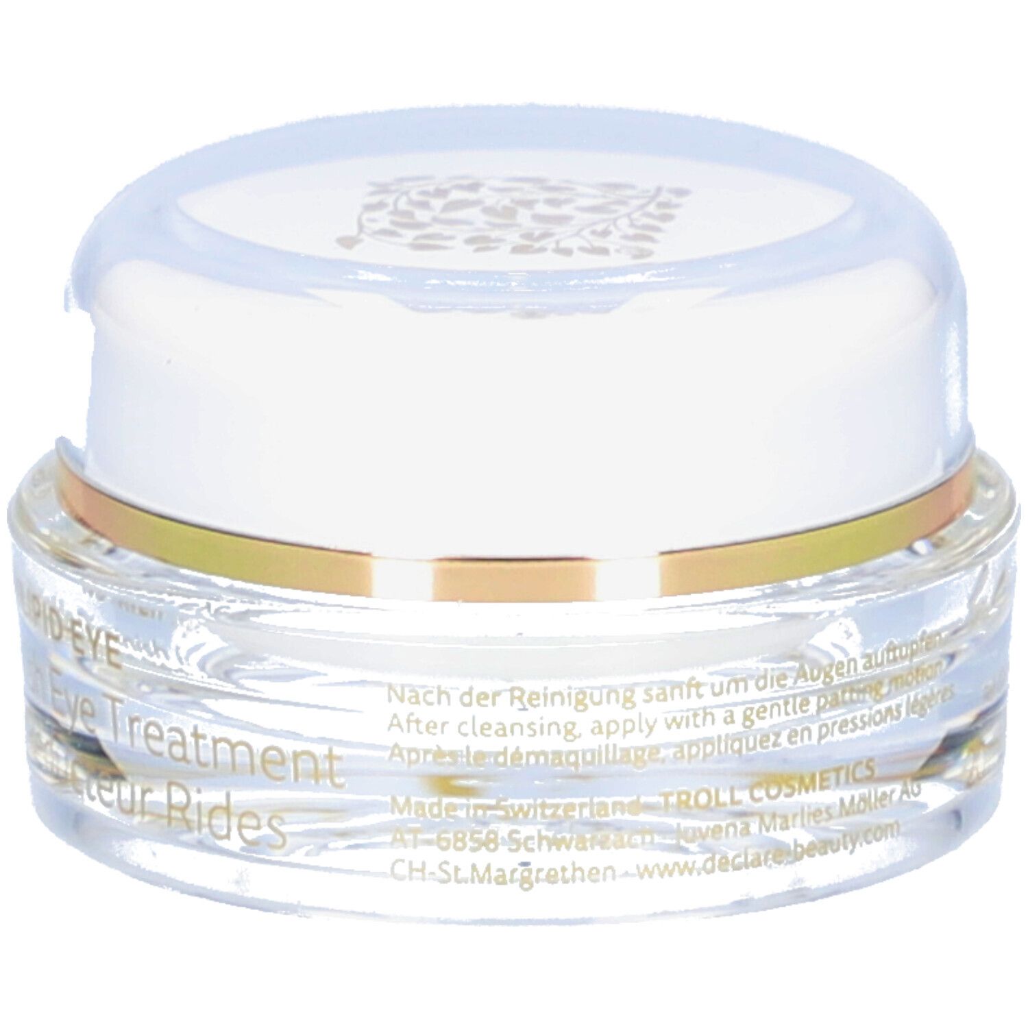 Pot transparent avec couvercle blanc et anneau doré. Inscription DECLARE. Eye Treatment. Produit pour les yeux.