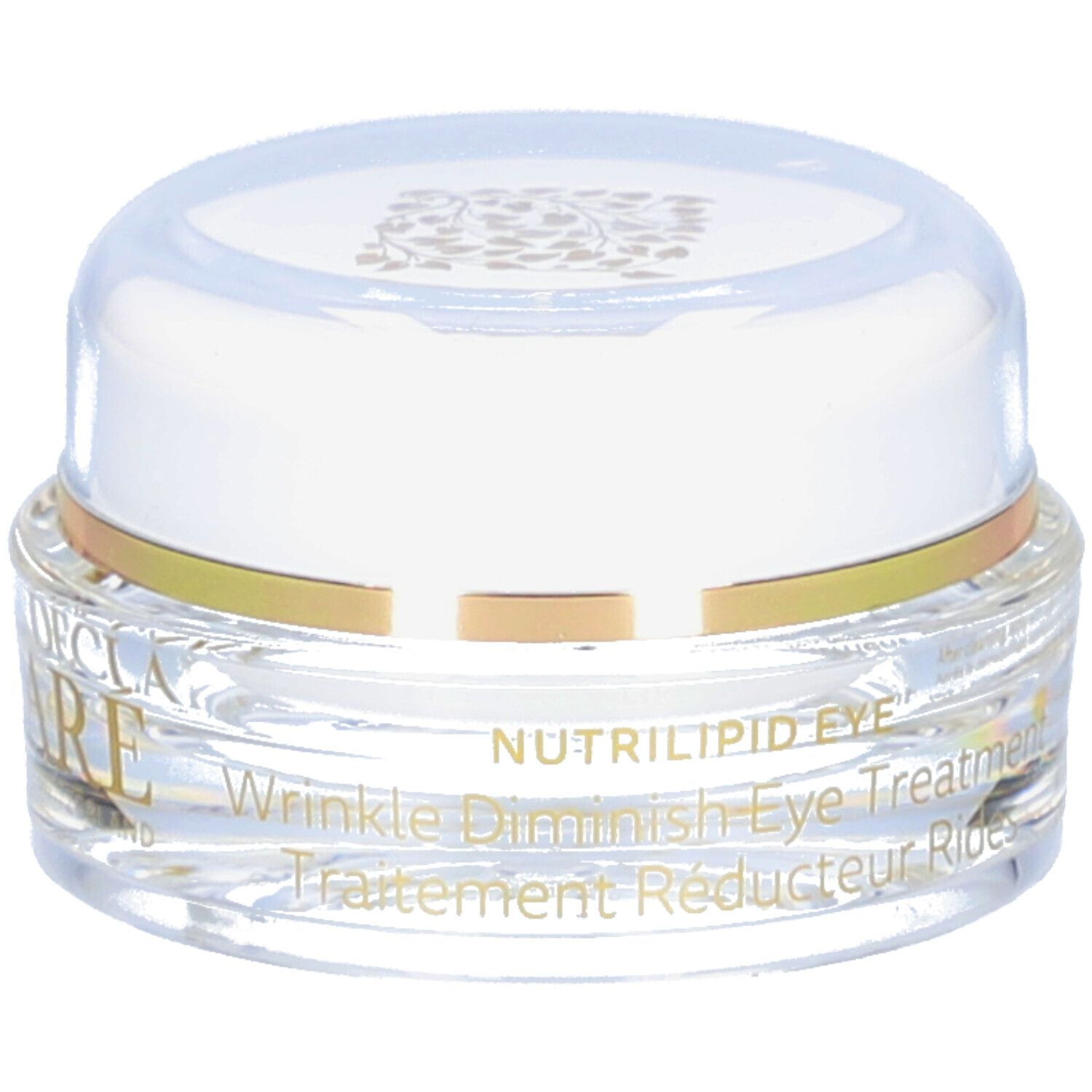 Pot transparent avec couvercle blanc et anneau doré. Inscription DECLARE. Nutrilipid Eye. Produit pour les yeux.