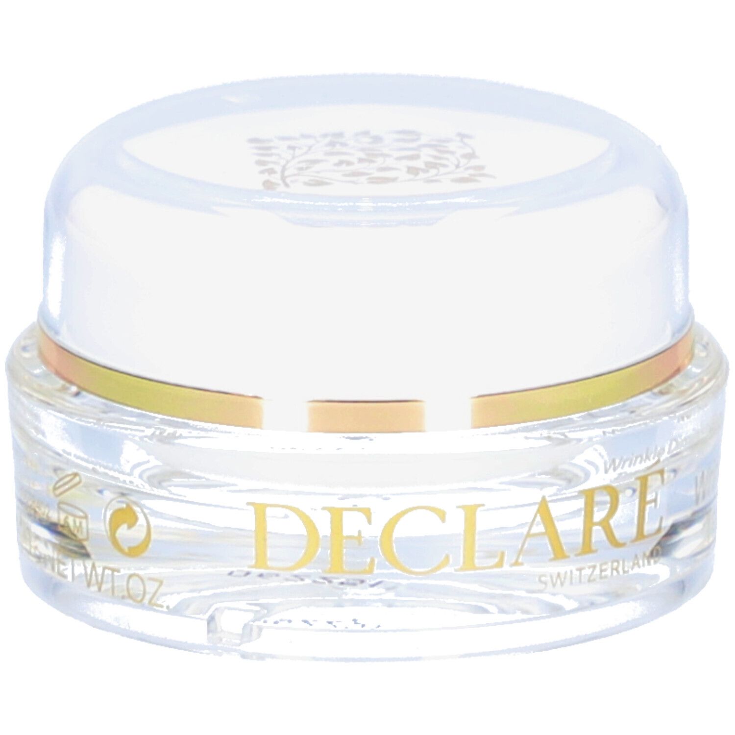 Pot transparent avec couvercle blanc et anneau doré. Inscription DECLARE SWITZERLAND. Produit pour les yeux.