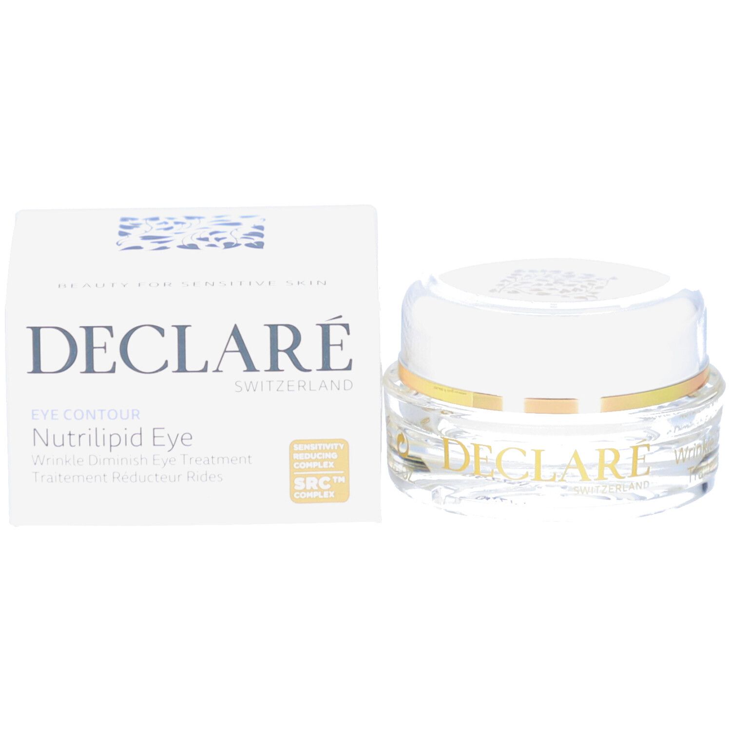 Emballage et pot du produit. Emballage avec inscription DECLARE. Pot avec couvercle blanc et anneau doré. Produit pour les yeux.