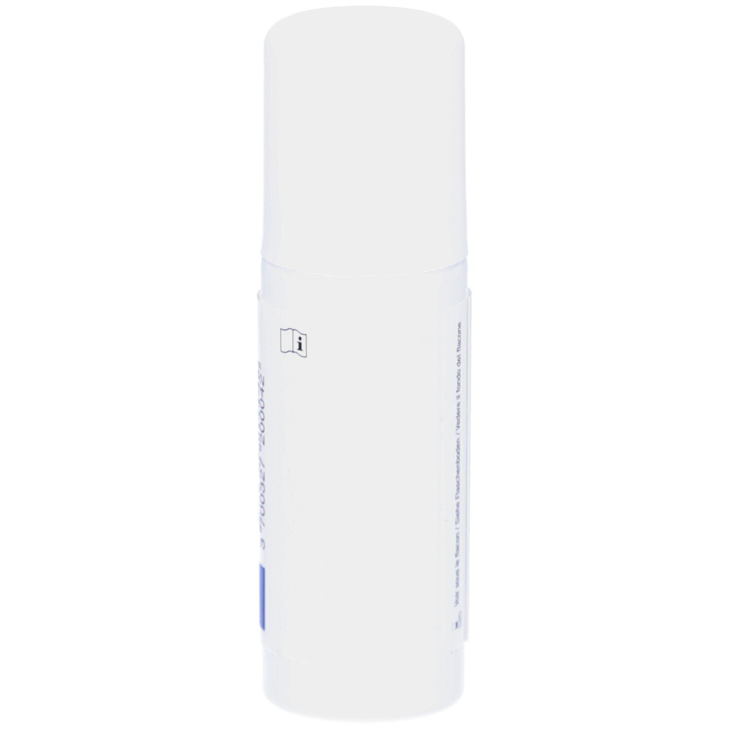 Flacon cylindrique blanc. Inscriptions et illustrations non visibles. Petite indication avec symbole.