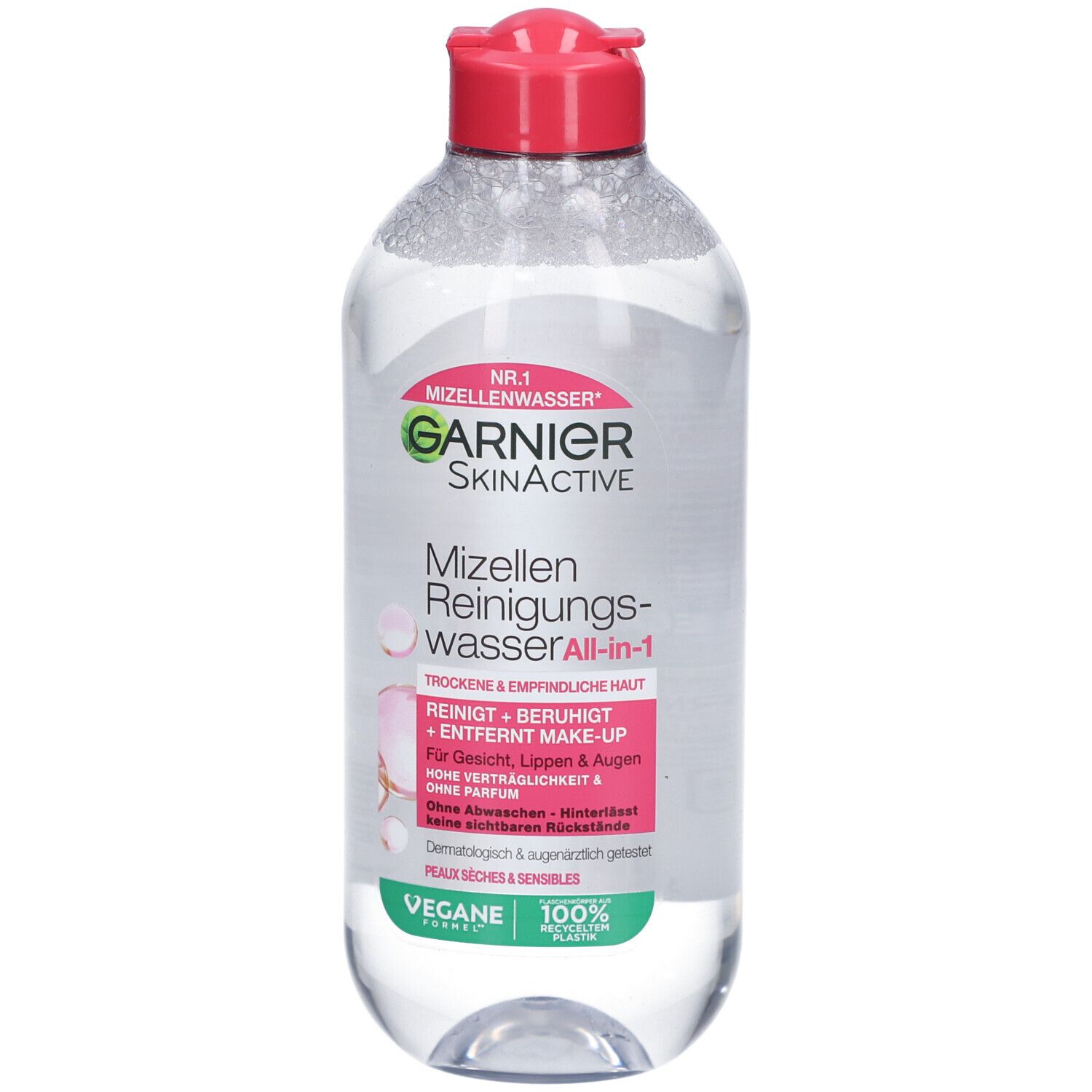 Klare Flasche mit rotem Deckel. Etikett mit Produktnamen und Logo. Text: Mizellen Reinigungswasser. Vegan.