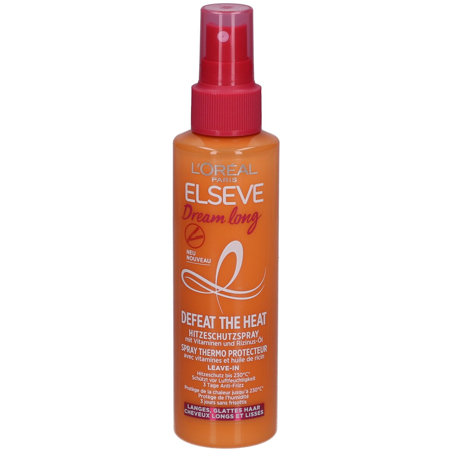 Hitzeschutzspray mit Sprühkopf. Orangefarbene Flasche mit rosa Deckel. Text: L'Oréal Paris Elseve Dream long, Defeat the Heat.